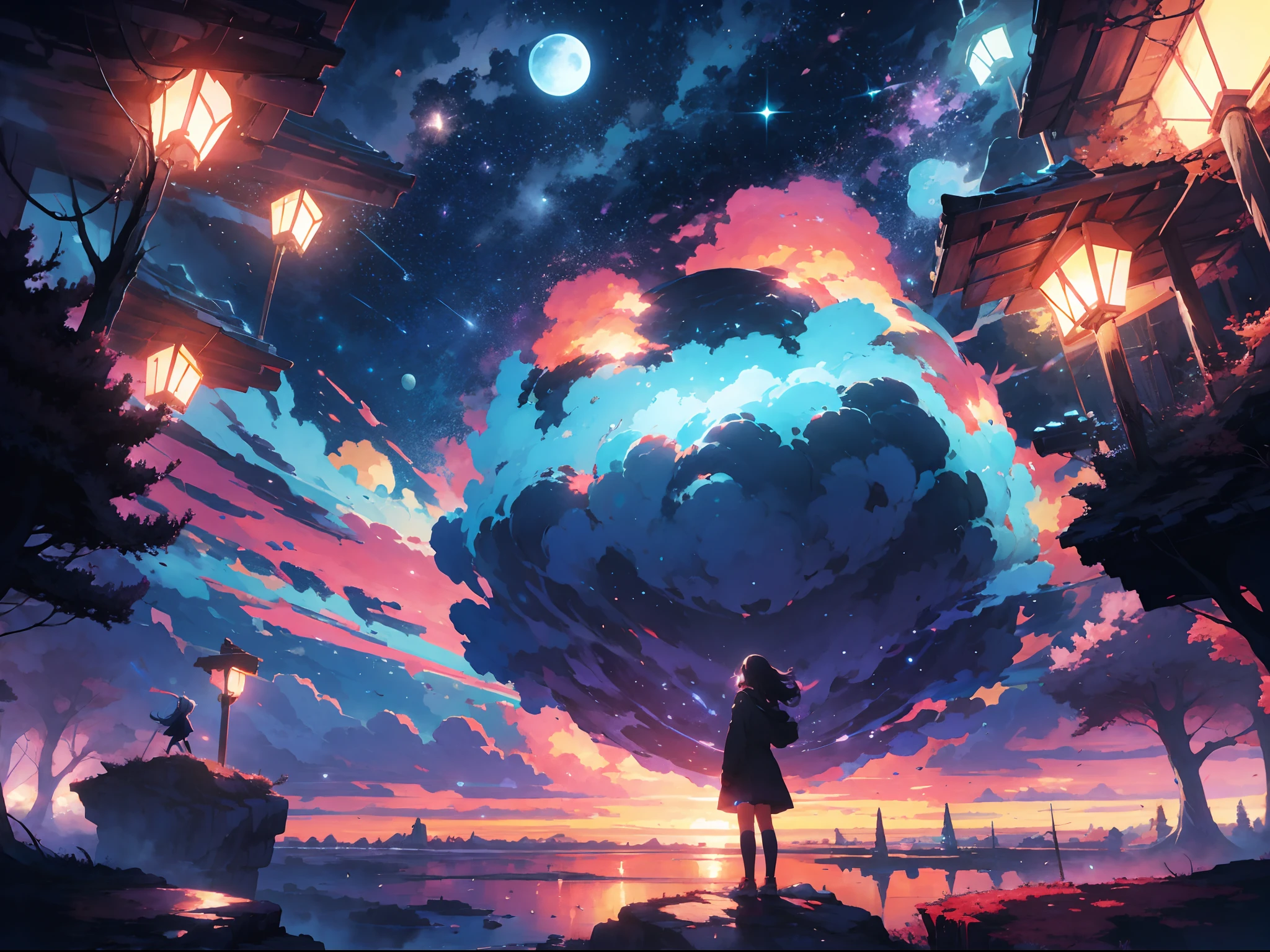 anime girl standing on a rock looking at a star filled night sky, makoto shinkai cyril rolando, anime art wallpaper 4k, anime art wallpaper 4 k, anime art wallpaper 8 k, by makoto shinkai, inspired by Cyril Rolando, in the style dan mumford artwork, amazing wallpaper, by Yuumei