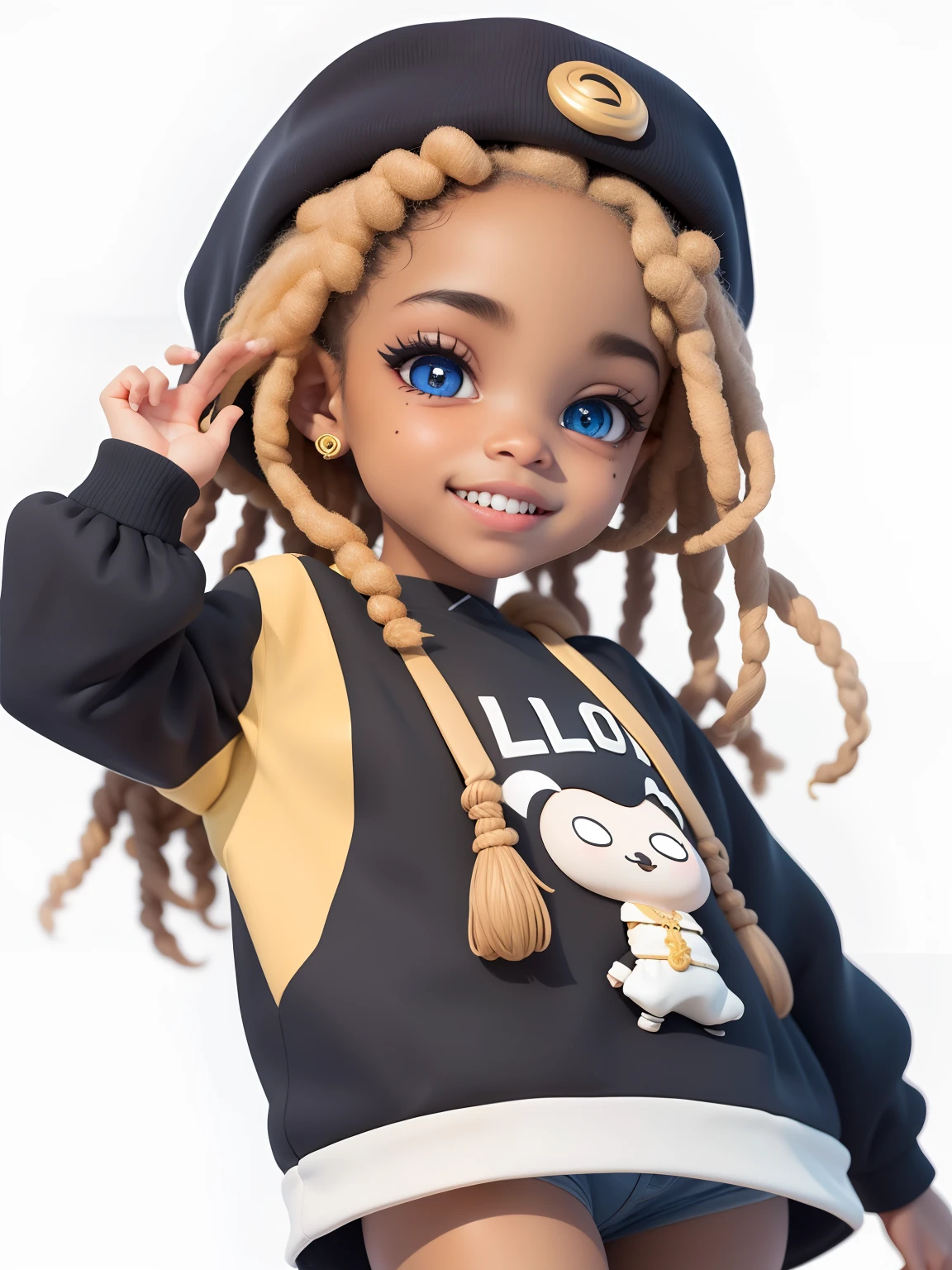 negra, loli, tom e capuz e detalhado em dourado, sorriso claro, turbante, roupas afro, princesa, blurry, cabelo preso, dread's ,cabelo preto, fundo simples e branco (belo rosto detalhado), (belos olhos detalhados),
