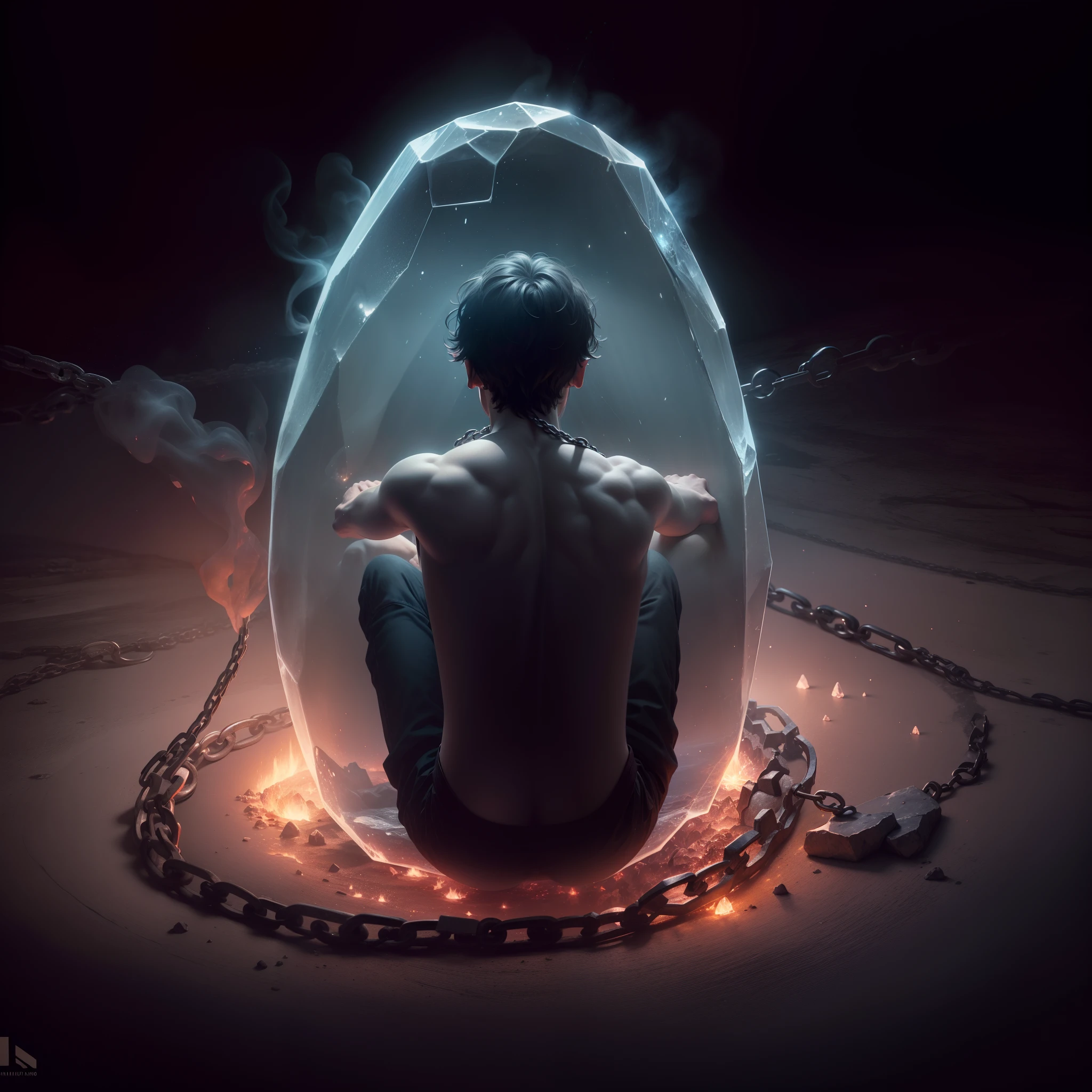 A man sitting in the position of a child in the middle of the womb, imprisoned in the middle of a large crystal inside it at its bottom, ses braises nues, Darkness and smoke surround the whole place, chains wrapped around him tattoo with fire on the back