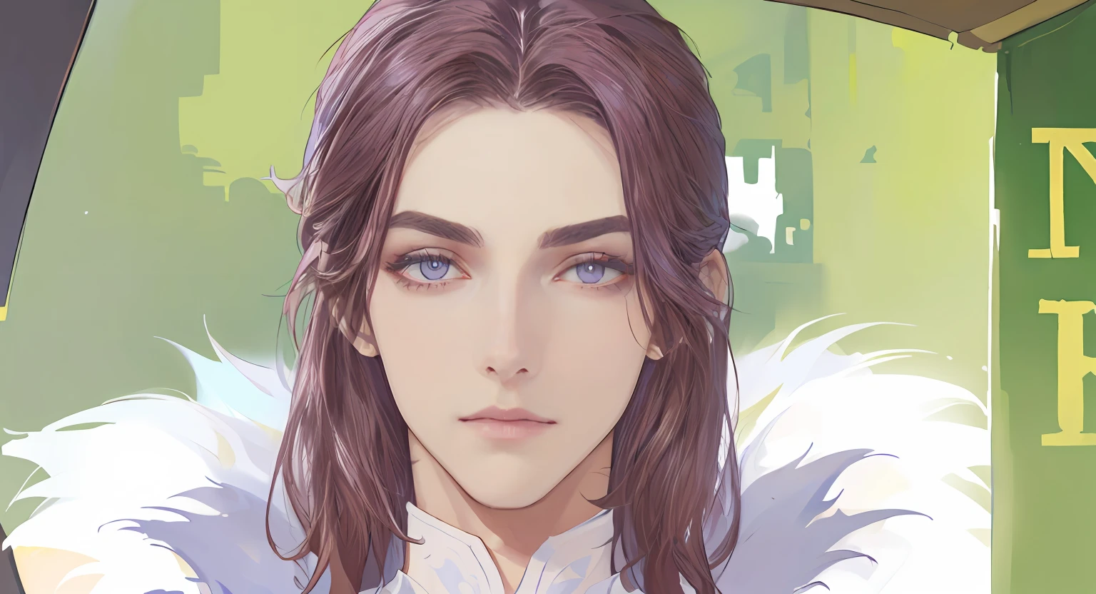 Beautiful adult man、without makeup、high angular narrow arched eyebrows, Man with brown hair and purple eyes、beautiful androgynous prince, delicate androgynous prince, handsome guy in demon slayer art, artwork in the style of guweiz, made with anime painter studio, detailed fan art, character portrait closeup, nffsw, painted in anime painter studio, closeup character portrait, Cool Shading