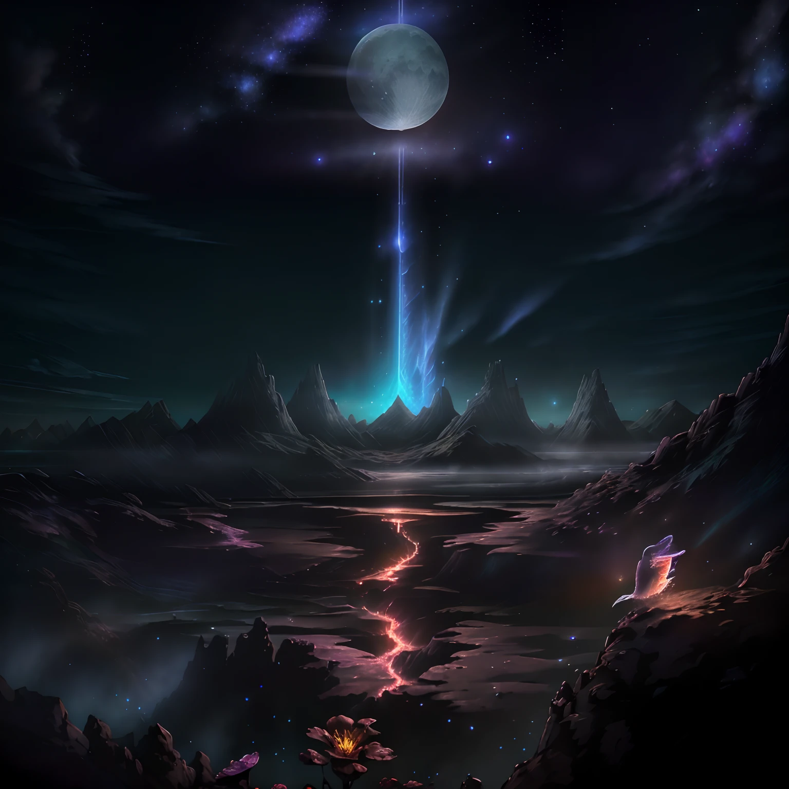 Expansive landscape photograph, (view from below with a view of the sky and wilderness below), little girl standing in a flower field looking up, (full moon: 1.2), (shooting star: 0.9), (nebula: 1.3), distant mountain, tree break production art, (warm light source: 1.2), (firefly: 1.2), lamp, purple and orange, intricate detail, volume lighting, realism break (masterpiece: 1.2) (Best Quality), 4K, Ultra-Detailed, (Dynamic Configuration: 1.4), Highly Detailed and Colorful Details, (Iridescent Colors: 1.2), (Glowing Lighting, Atmospheric Lighting), Dreamy, Magical, (Solo: 1.2)