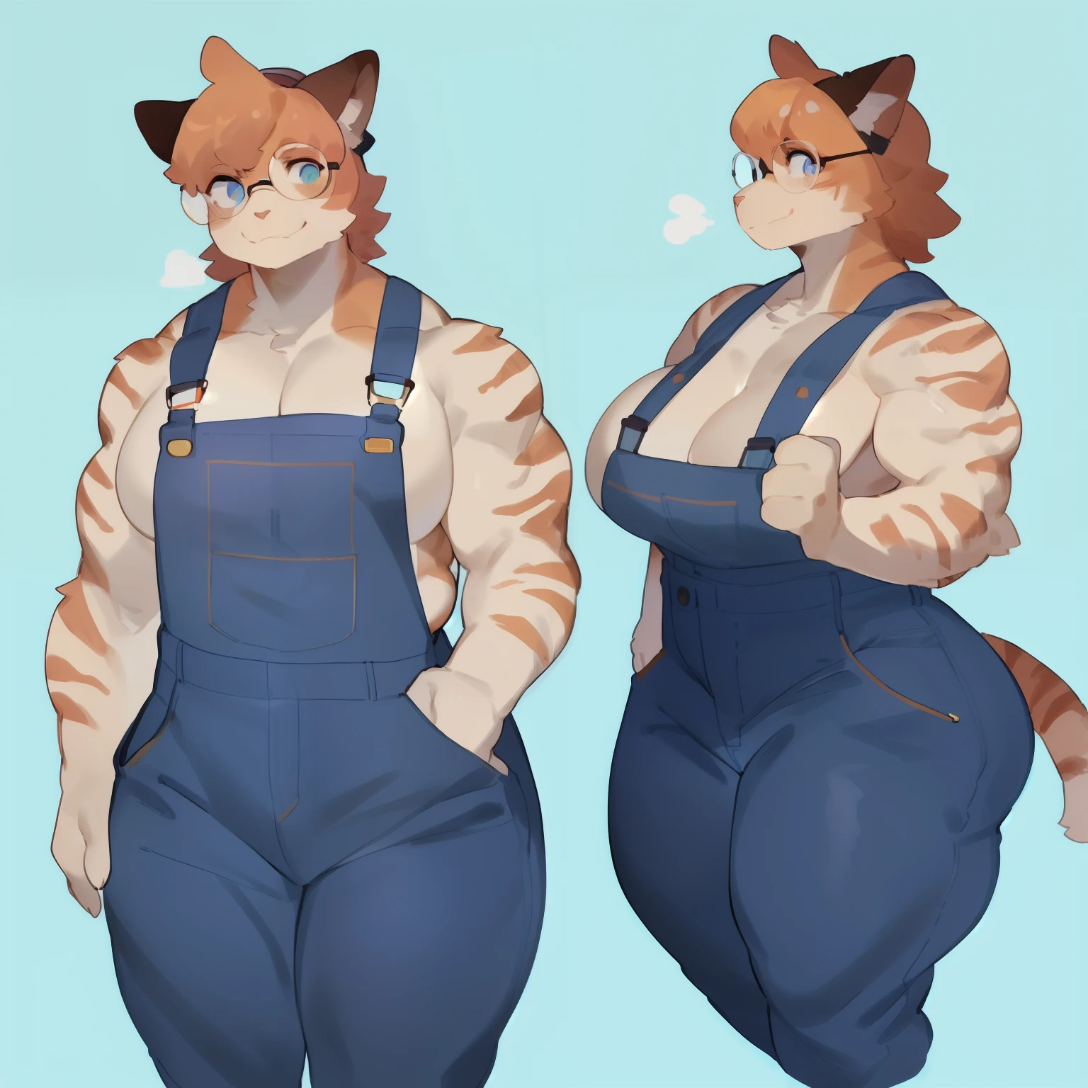 by bebebebebe, by goonie-san, by bigcozyorca, by buta99, solo, female, standing, feline, (((detailed eyes, glasses))), thick thighs, thicc, plump, ((snout)), only wearing denim overalls and nothing else, cleavage, (((muscular))), (hair)