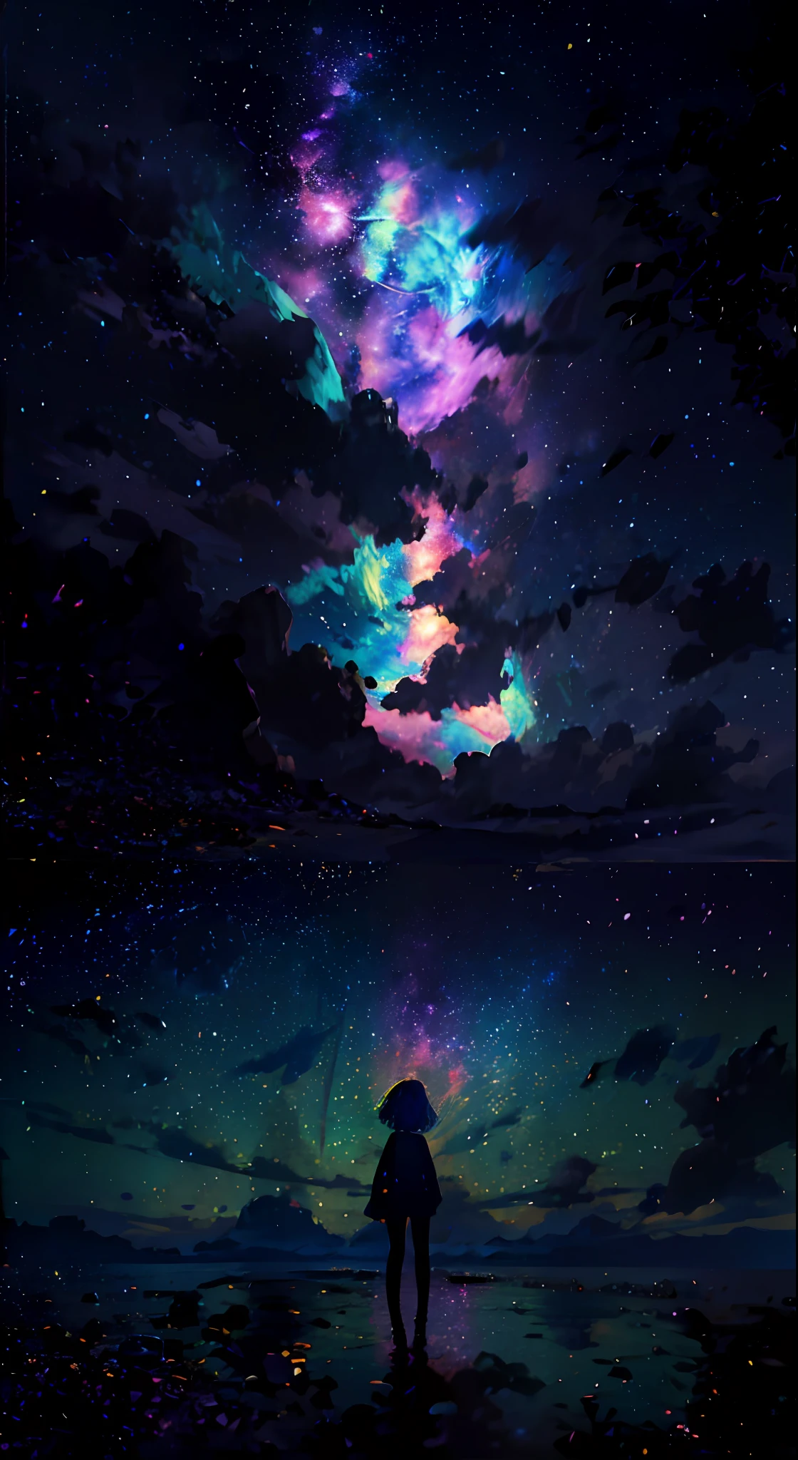 Brilliant starry sky, nebula,1 girl's back,Looking Up The Sky, masterpiece, super detailed, epic composition, highest quality, 4K