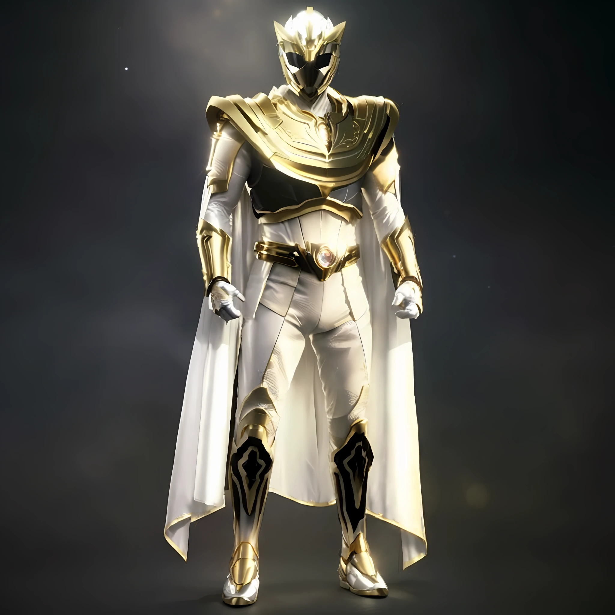 a close up of a person in a costume with a white cape made of light, the secret seventh power ranger, unreal engine render saint seiya, golden spartan power ranger, heavy white and golden armor, tokusatsu, intricate white and gold armor, light gold armor, celestial, power ranger, high fantasy kamen rider, white metallic armor, gold obsidian armor, the golden cat armor knight, power of the sun, light powers, cosmic, constellations