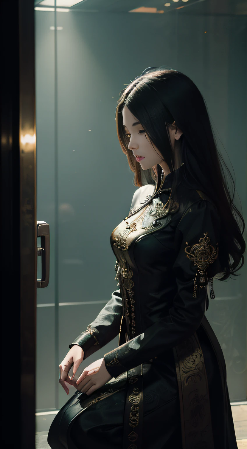 cinematic photo a girl in a stunning slender dress on knees fainting, face in pain, broken glass elevator, faded, dreamlike, trancelike, slight steampunk vibe,Cinematic light . Tradition Chinese Ink Painting, . 35mm photograph, film, bokeh, professional, 4k, highly detailed