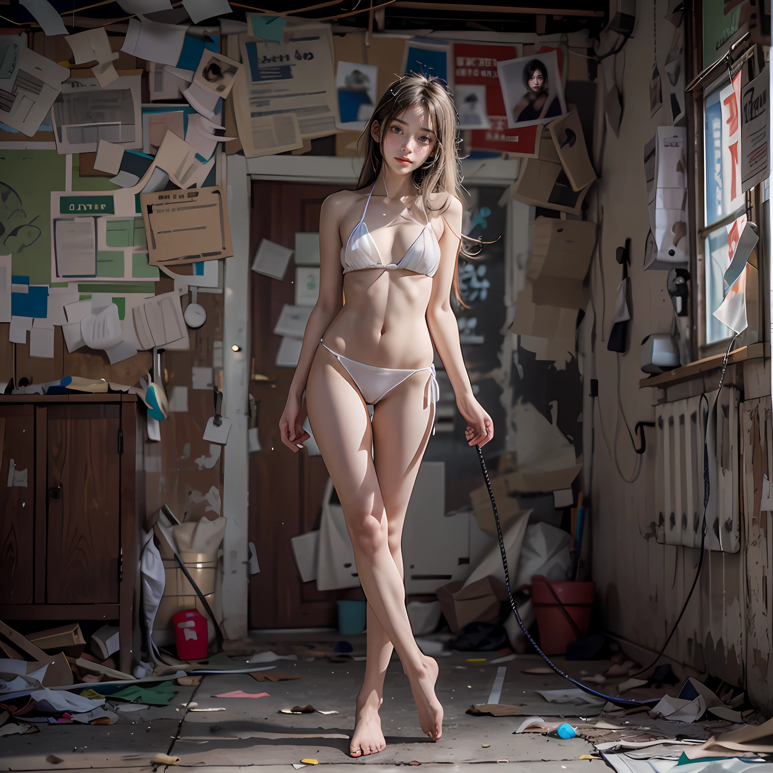 Abandoned schools,Sexy standing pose,Full body portrait 1.1,18 years old girls,Random white transparent small bikini,lean and slender body,As thin as a whipping post,Skinny,The barefoot,Random nudity throughout the body1.1,Random exposure of genitals1.2,facing to audience