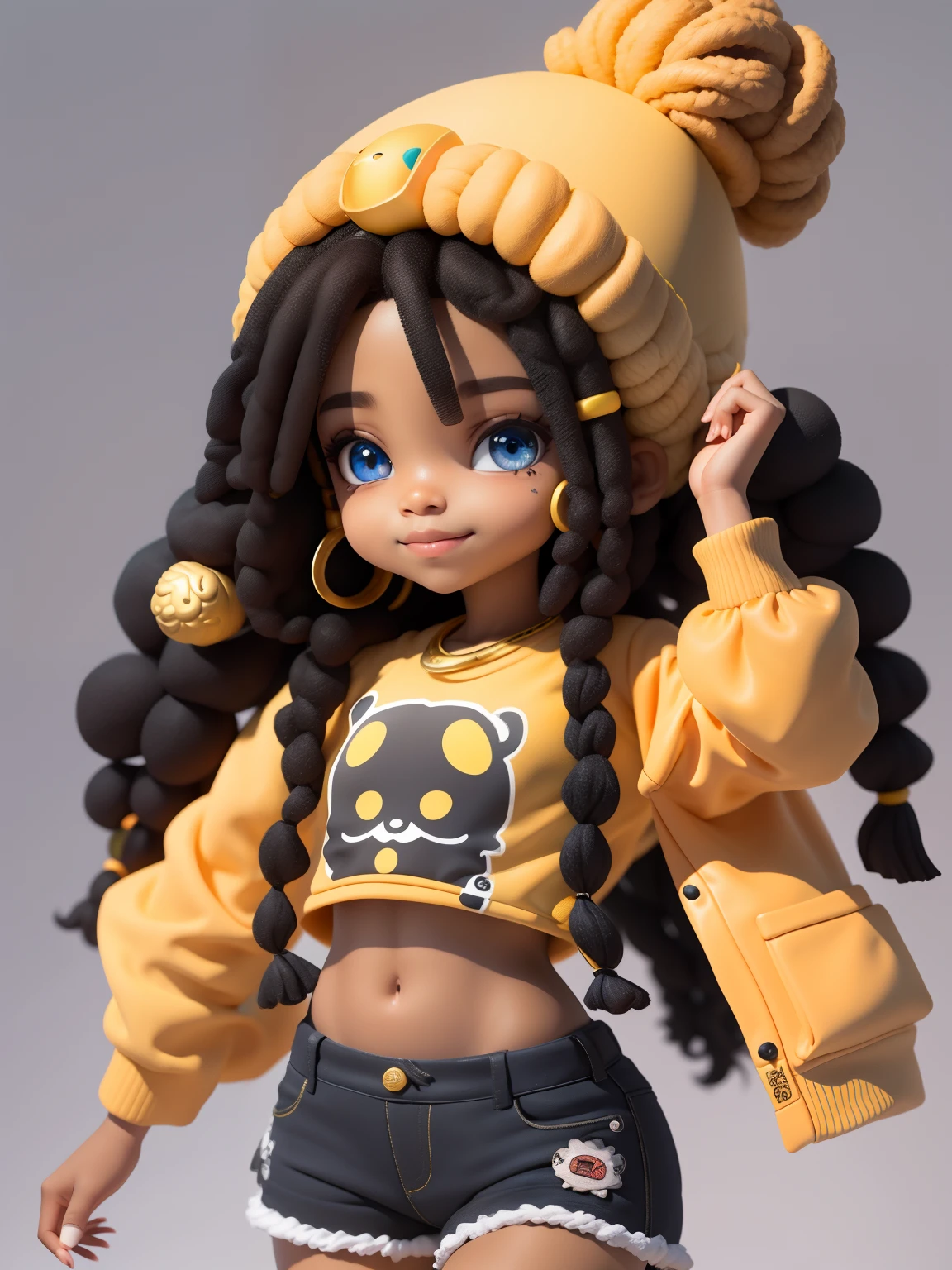 Menina negra, loli, moletom e capuz e detalhado em dourado, sorriso claro, turbante, roupas afro, princesa, blurry, cabelo preso, dread's ,cabelo preto, fundo simples e branco (belo rosto detalhado), (belos olhos detalhados),