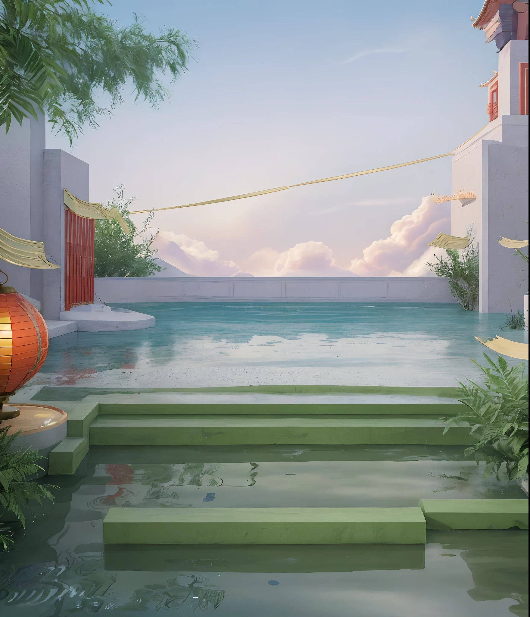 Best quality at best，highly  detailed，tmasterpiece，ultra - detailed，extremely detailed CG unity 8k wal，16k，24k，Chinese outdoor scene，buliding， east asian architecture， scenecy， Lanterns， pagoda， exteriors， Skysky， paper lanterns， ​​clouds， The bird， build， The tree， standing on your feet， mont， bru， daysies， tmasterpiece， Best quality at best，game scenes，Ancient Chinese palaces are located above the clouds，surrounded by cloud，Homem-Imponente，glazed tiles，The Big Buddha sits in the sky， ，tmasterpiece，high qulity，Pretty big breasts，high detal，Describe scenes from the Tang Dynasty，Far perspective，There is a small river on the axis of the drawing，Small boats come and go in the small river，（An arched bridge spans both sides of the river，arch bridges），Both sides of the strait，Ink painting style，Quaint Chinese architecture，ultra-detailliert，Epic communication，Huge painting，HighestQuali，Supersaturation，32 --v 6