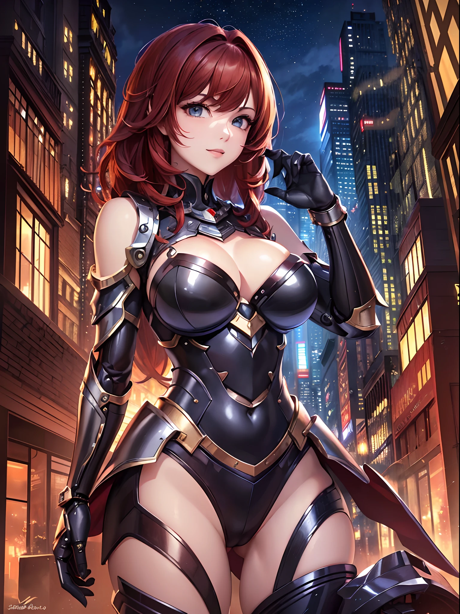 (top-quality: 1.3)、(​masterpiece: 1.3)、(The ultra-detailliert: 1.3)、(wall-paper, one girls)、([Diamonds: 1.3|The eye]:1.2)、(Perfect mechanical armored body:1.3)、(Red hair:1.3)、Medium Hair、waved hair、(Beautiful Large Breasts:1.3)、Buildings、nighttime scene、ssmile、sexypose