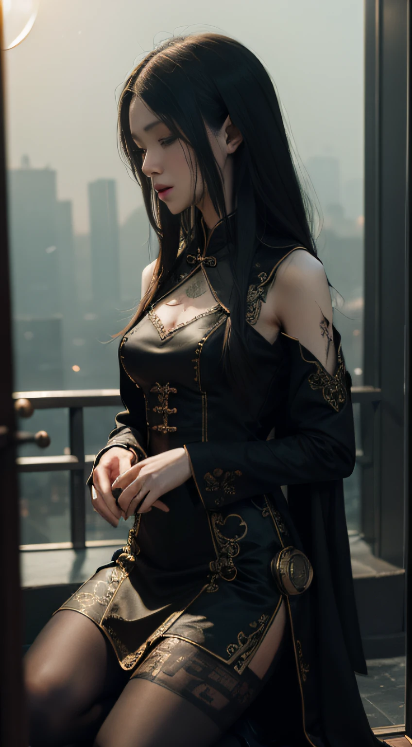 cinematic photo a girl in a stunning slender dress on knees fainting, face in pain, broken glass elevator, faded, dreamlike, trancelike, slight steampunk vibe,Cinematic light . Tradition Chinese Ink Painting, . 35mm photograph, film, bokeh, professional, 4k, highly detailed
