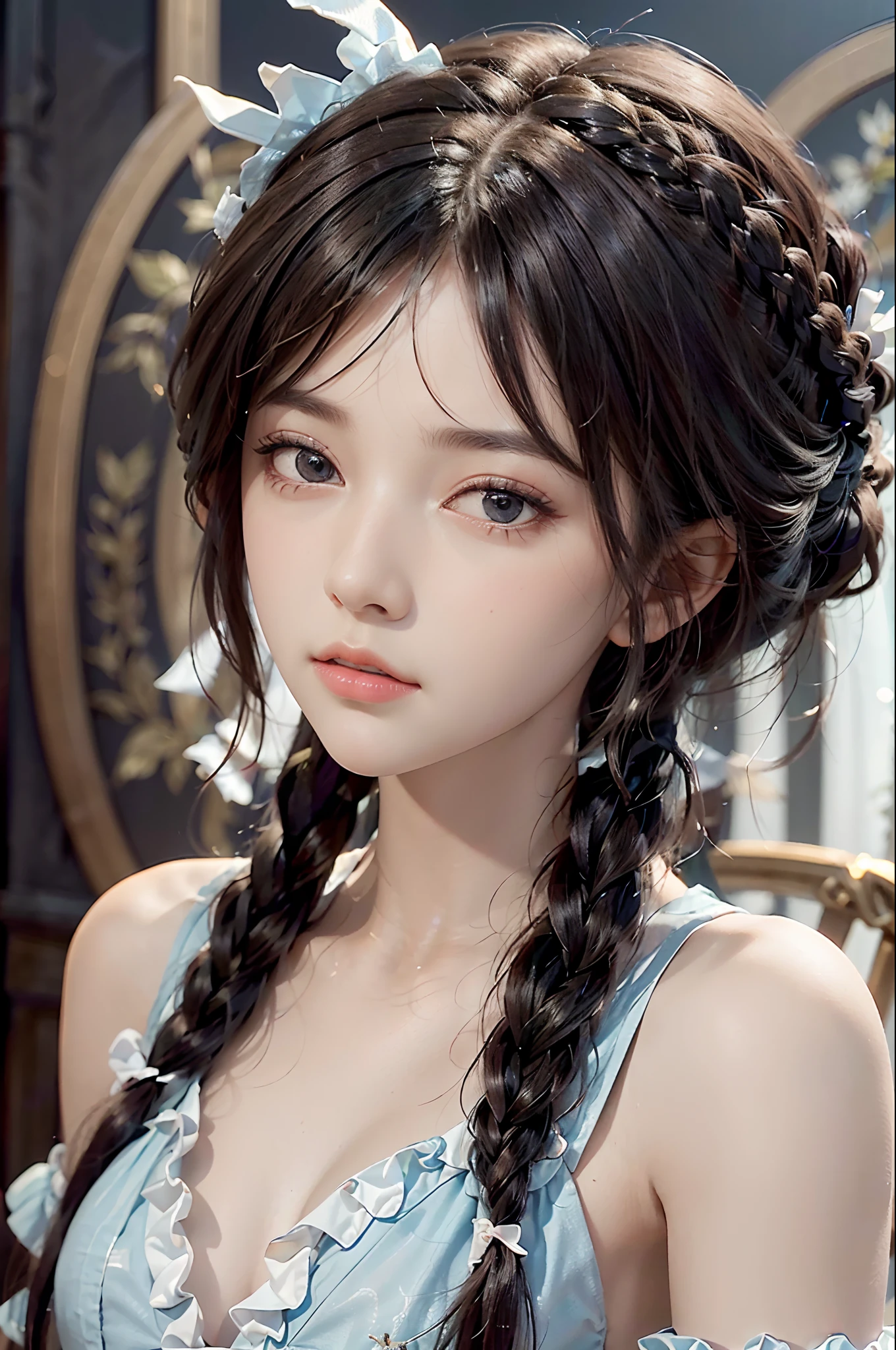 best quality, ultra hi res, photoreaslistic, a photography of a beautiful woman, 16yo teen age, detailed face, black Braided crown, (detailed porcelain doll,delicate clothes with a lot of frills and ribbons), Sports stadium, (face close up), seductive look, looking at viewer
