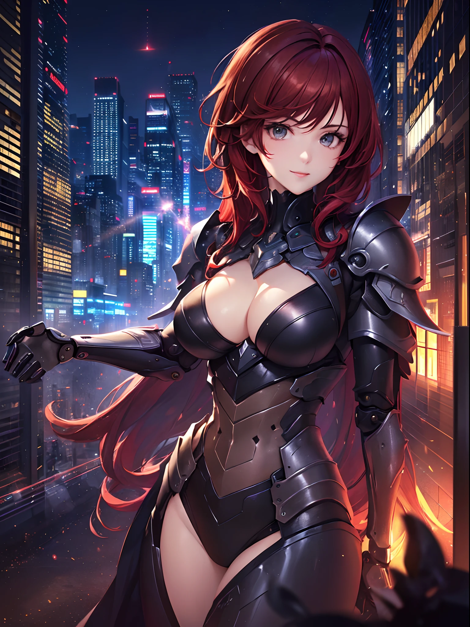 (top-quality: 1.3)、(​masterpiece: 1.3)、(The ultra-detailliert: 1.3)、(wall-paper, one girls)、([Diamonds: 1.3|The eye]:1.2)、(Perfect mechanical armored body:1.3)、(Red hair:1.3)、Medium Hair、waved hair、(Beautiful Large Breasts:1.3)、Buildings、nighttime scene、ssmile、sexypose