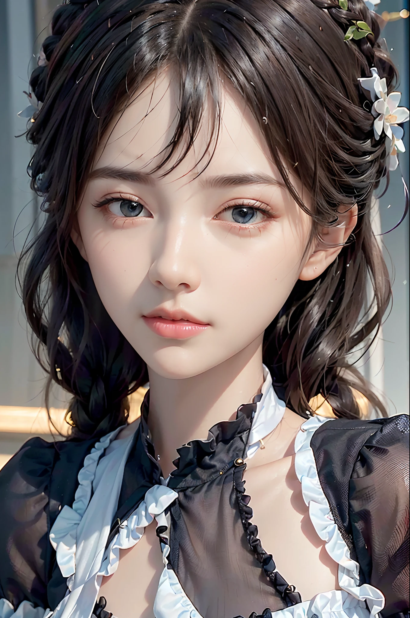 best quality, ultra hi res, photoreaslistic, a photography of a beautiful woman, 16yo teen age, detailed face, black Braided crown, (detailed porcelain doll,delicate clothes with a lot of frills and ribbons), Sports stadium, (face close up), seductive look, looking at viewer