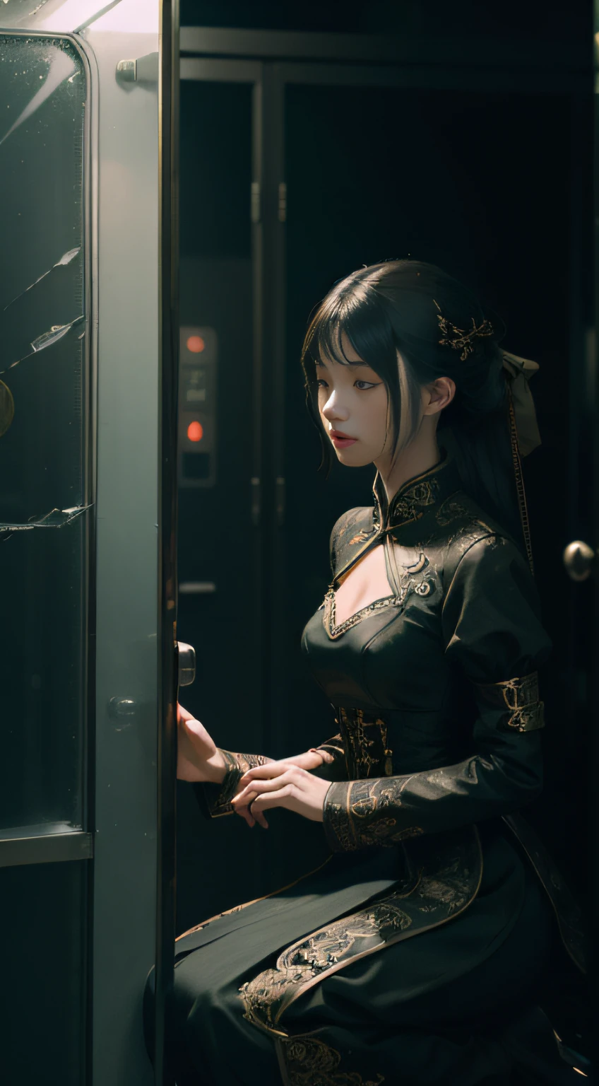 cinematic photo a girl in a stunning slender dress on knees fainting, face in pain, broken glass elevator, faded, dreamlike, trancelike, slight steampunk vibe,Cinematic light . Tradition Chinese Ink Painting, . 35mm photograph, film, bokeh, professional, 4k, highly detailed