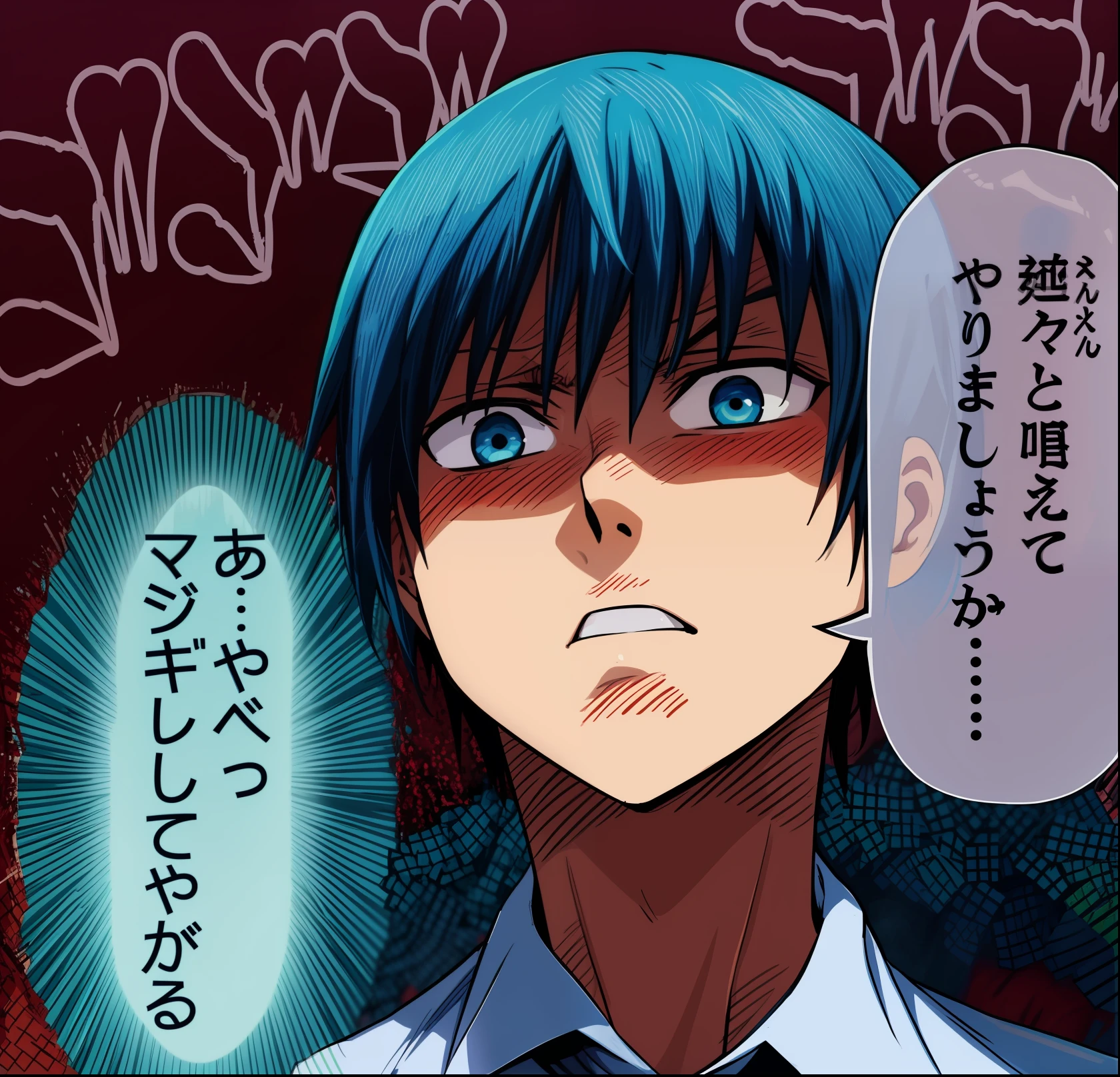 a anime of a boys manga, light blue hair color, angry, white shirt, tie, text manga, color manga, manga color, color manga, color manga panel, horror background