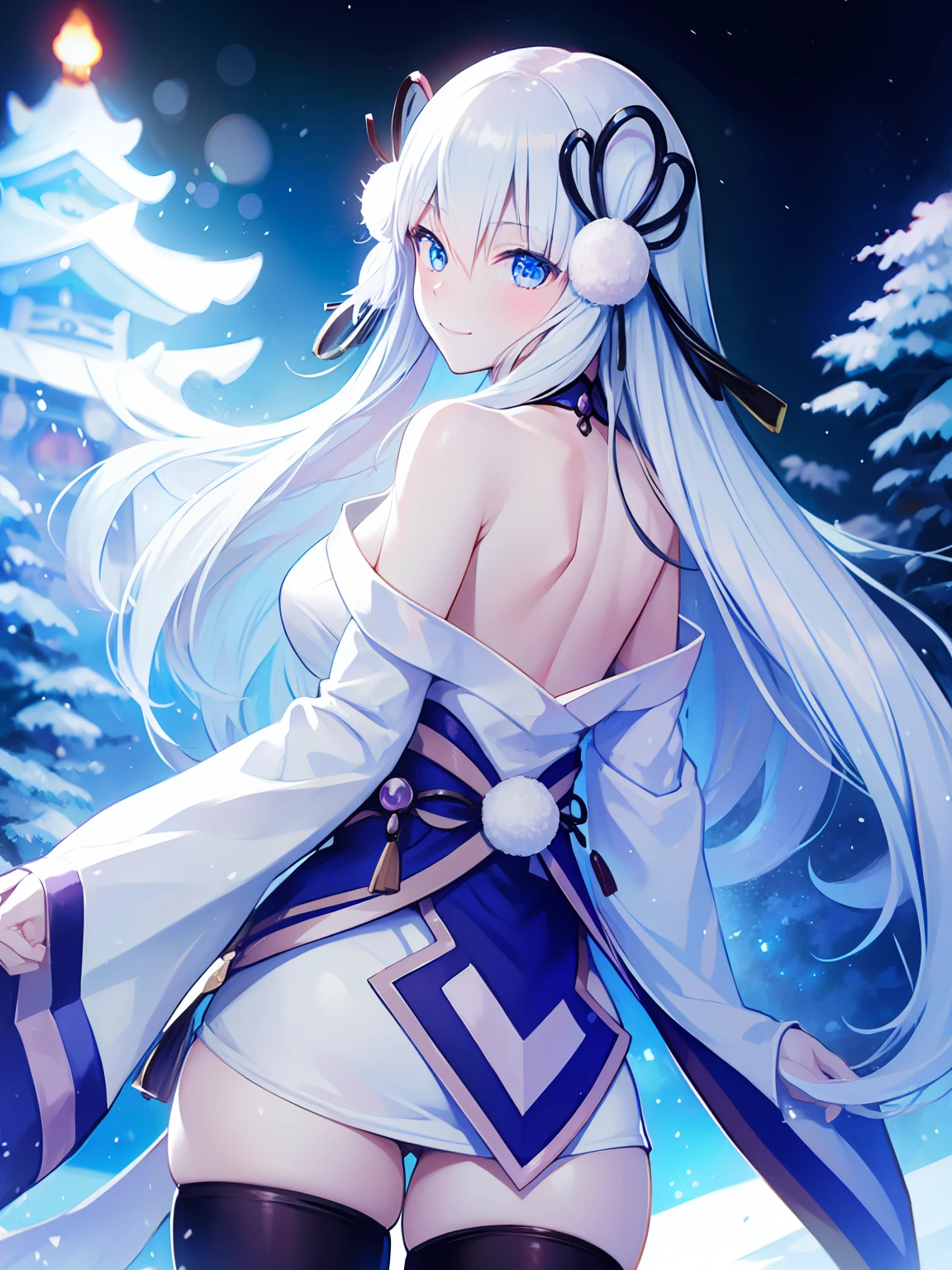 YukiOnnaYGO, IceMayakashi, 1girl, pale skin, bare thighs, snowy night, Japanese shrine in background, daring smile, look back at viewer