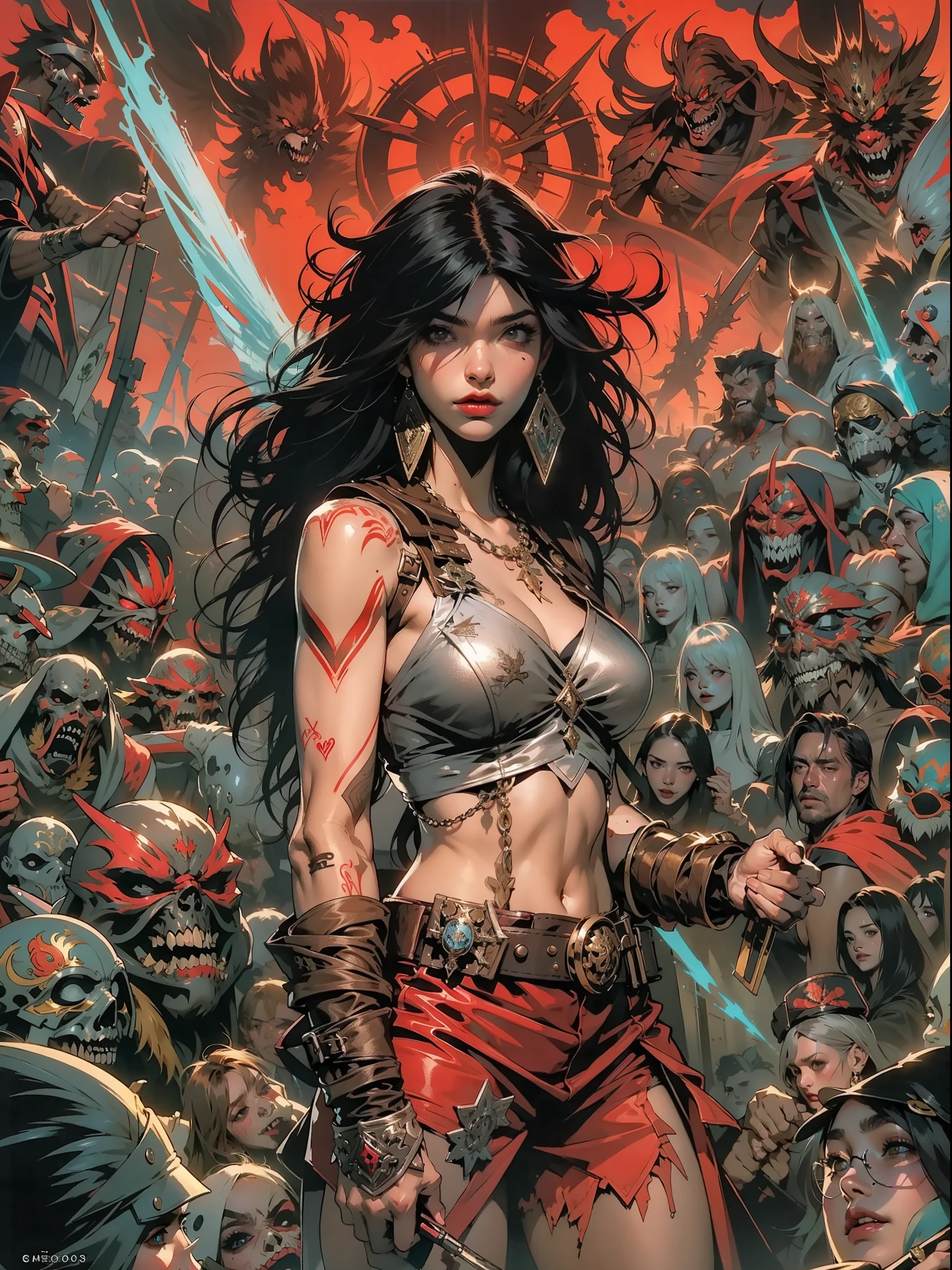 (((mulher))), (((melhor qualidade))), (((obra prima))), (((adulto))), Uma pirata mulher de 35 anos com corpo perfeito, Gladiadores do Brooklyn, (( sob os peitos )), quase nua no estilo selvagem urbano de Simon Bisley para a capa da revista Heavy Metal, cabelo loiro, Minimum clothing, black and red graphics in suit, armadura, cheio de pontas e rebites, tatuagem tribal, (((do joelho pra cima))), cabelo desalinhado