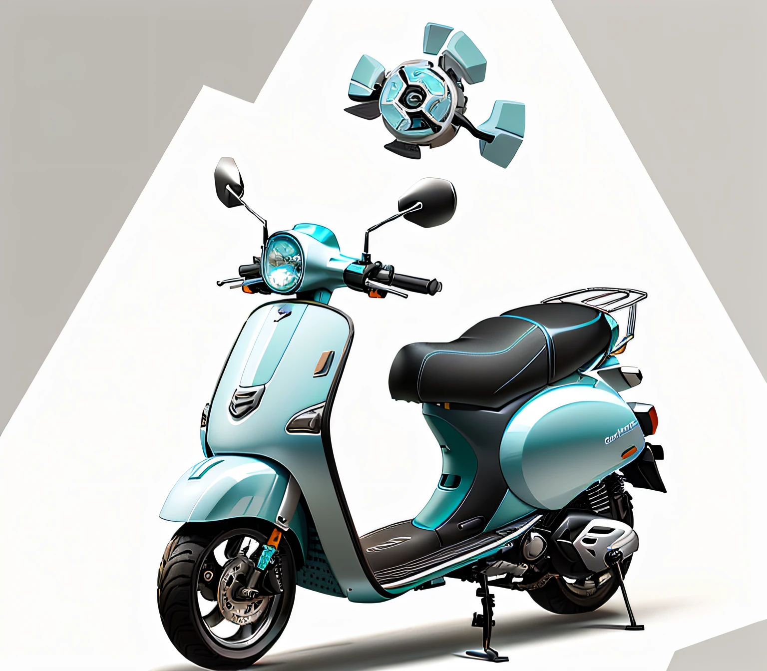Close-up of scooter with white and cyan trim, Moped, White and silver metallic tones,Mecha style scooter,Exterior design: mechanical wind futuristic