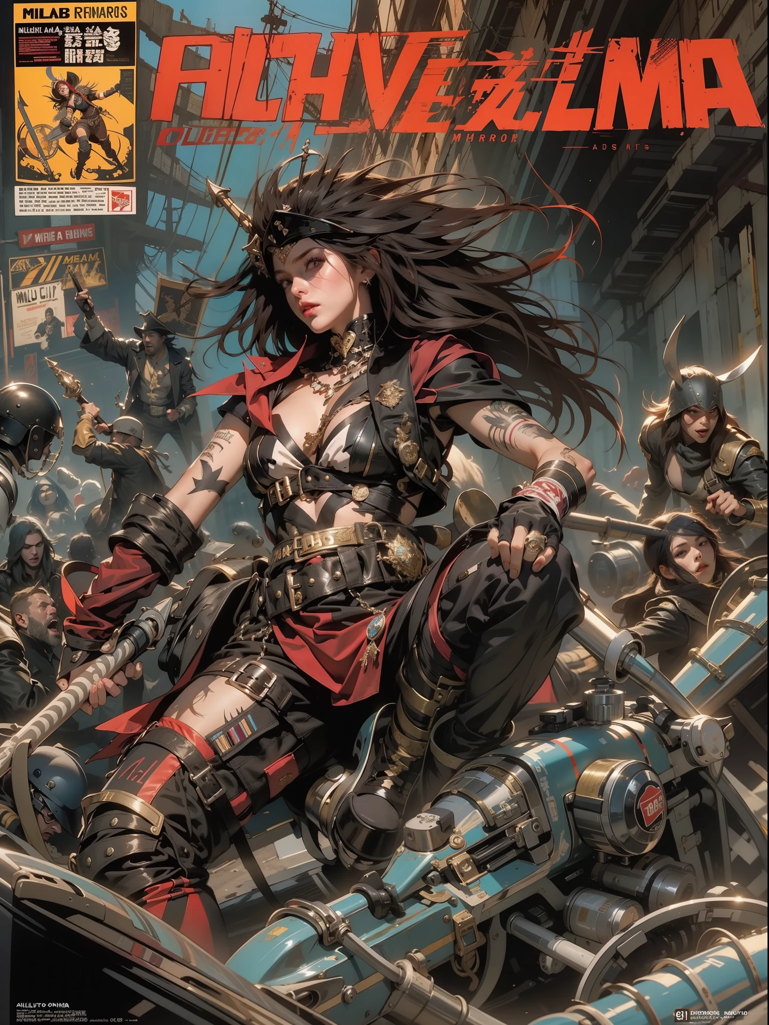 (((mulher))), (((melhor qualidade))), (((obra prima))), (((adulto))), Uma pirata mulher de 35 anos com corpo perfeito, Gladiadores do Brooklyn, (( sob os peitos )), quase nua no estilo selvagem urbano de Simon Bisley para a capa da revista Heavy Metal, cabelo loiro, Minimum clothing, black and red graphics in suit, armadura, cheio de pontas e rebites, tatuagem tribal, (((do joelho pra cima))), cabelo desalinhado