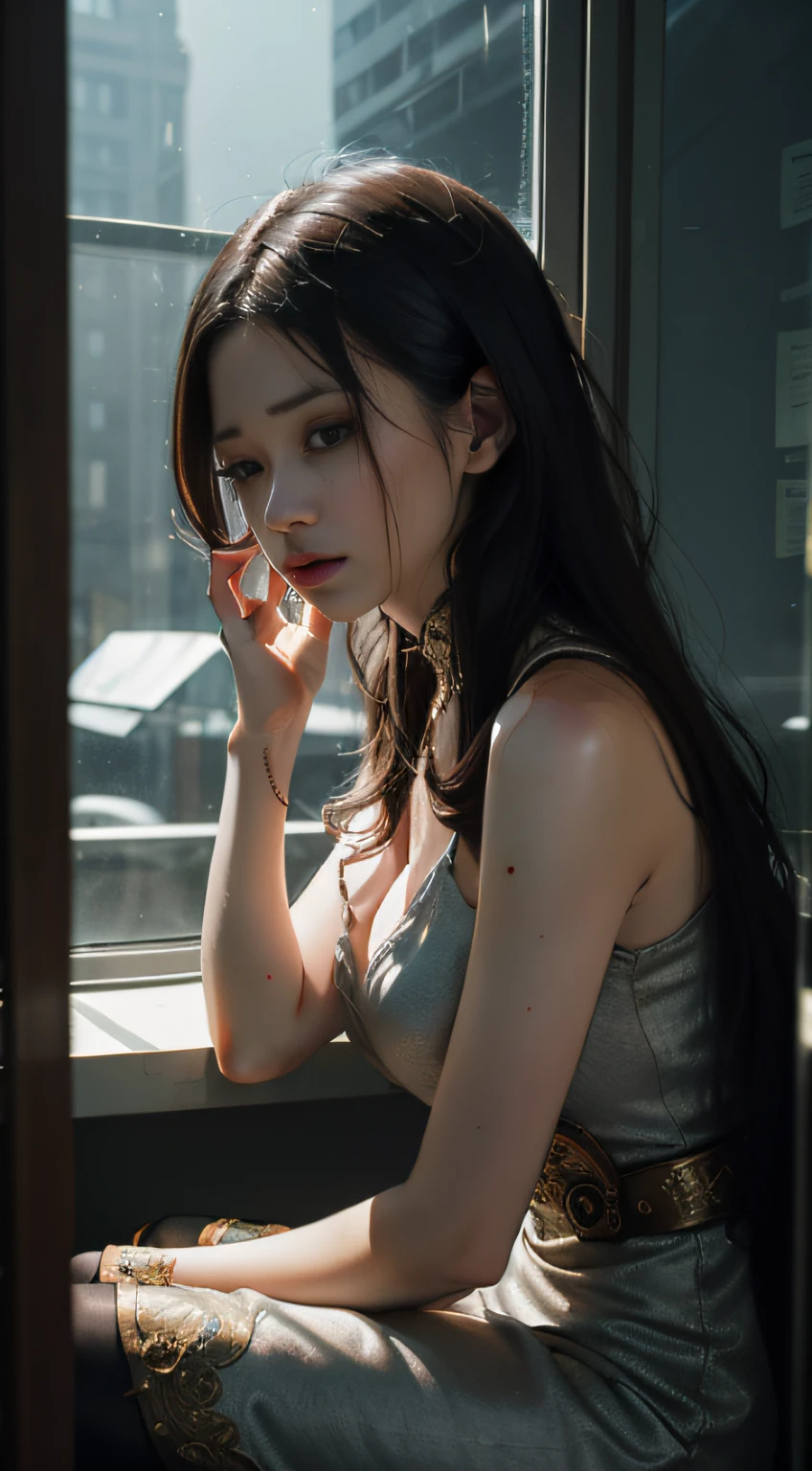 cinematic photo a girl in a stunning slender dress on knees fainting, face in pain, broken glass elevator, faded, dreamlike, trancelike, slight steampunk vibe,Cinematic light . Tradition Chinese Ink Painting, . 35mm photograph, film, bokeh, professional, 4k, highly detailed
