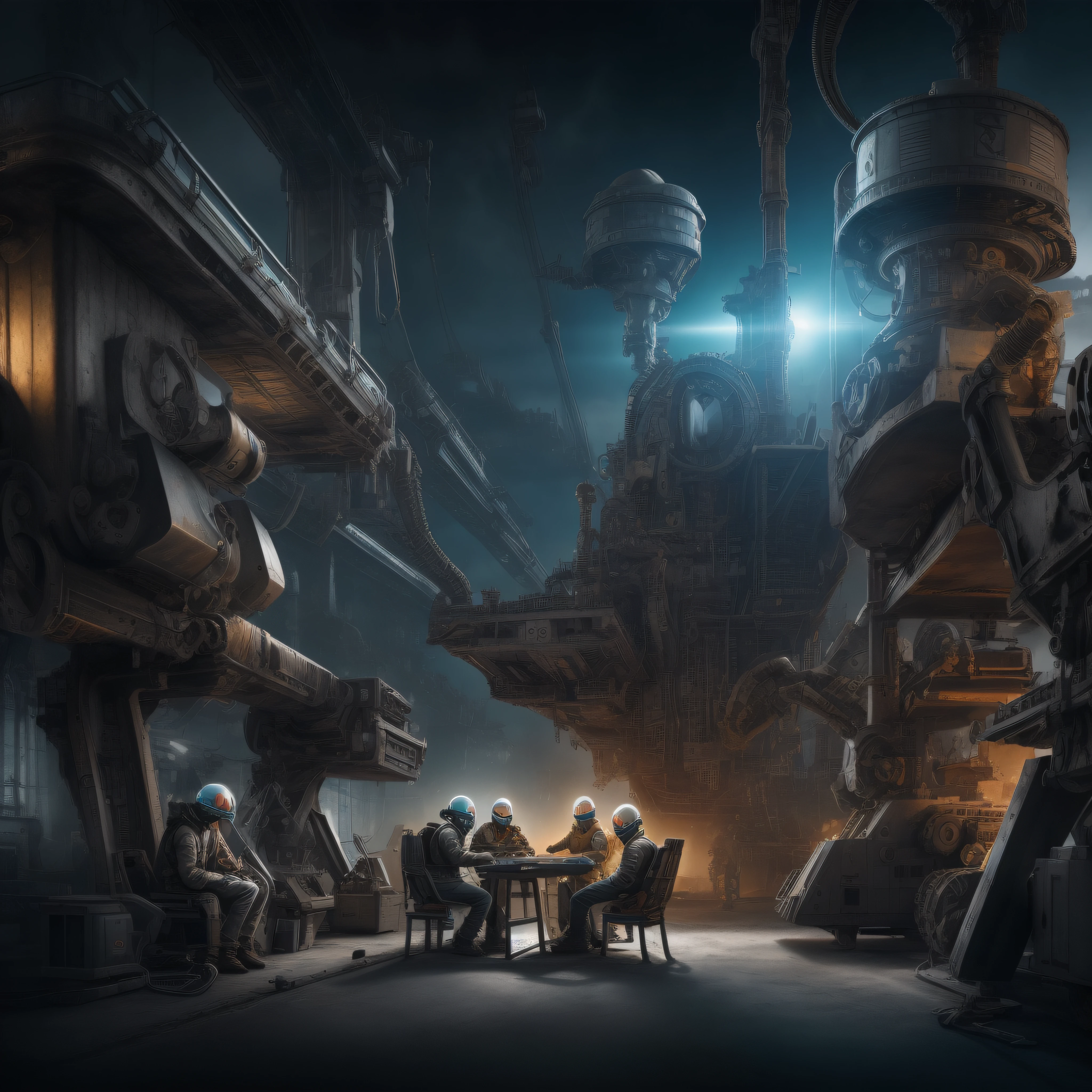 (extremely detailed, best quality) Serious and realistic Gray-inspired aliens, (1adult+1youth), seated amidst complex machinery and equipment,(mixed background+dark background+high-tech background), metallic tones emphasized, technological environment, high light source.