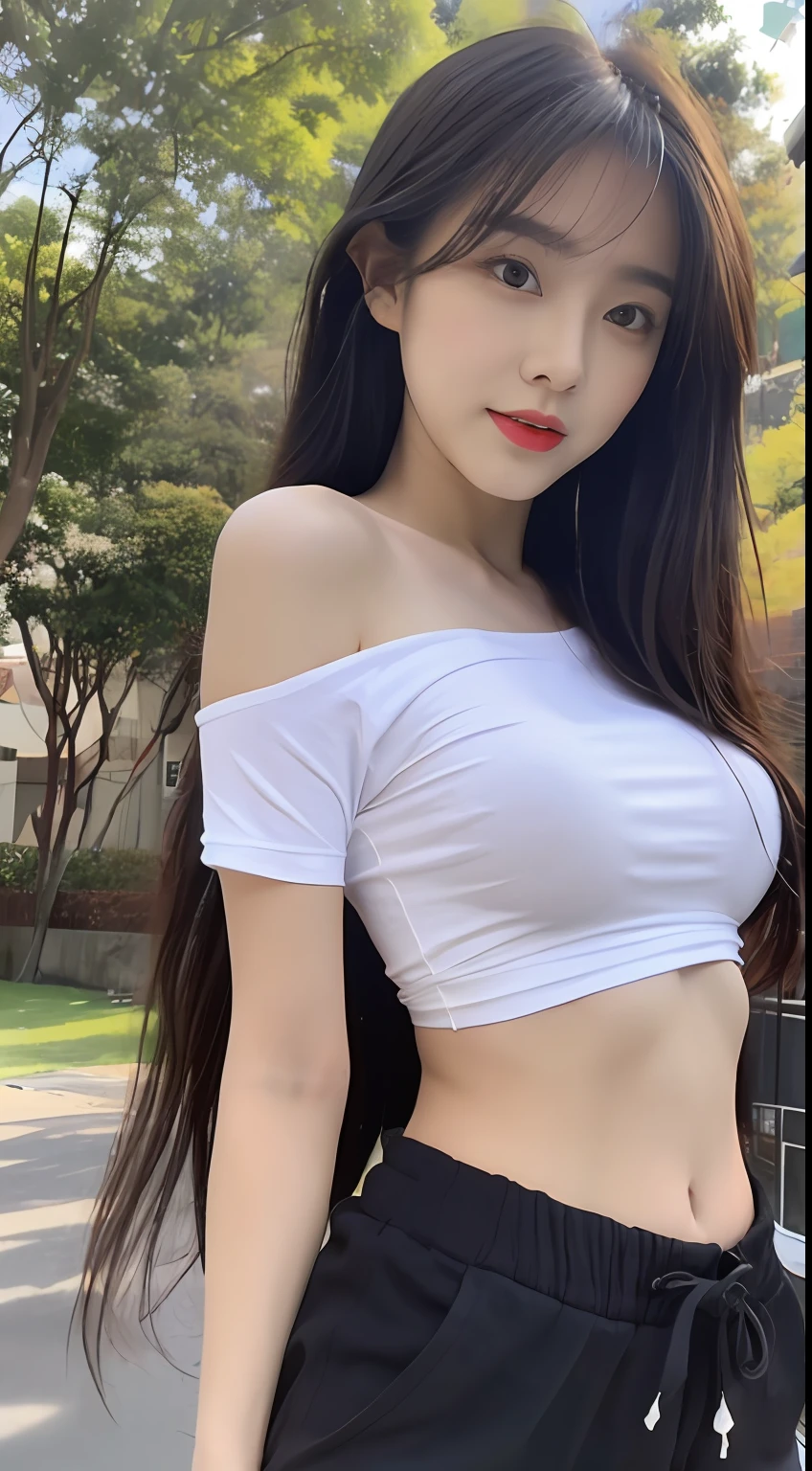 Thai Woman, look at viewer, long hair, semi naked, no shirt, jeans, ((show breast, show nipples, clean areola)), cloud, day, sky,outdoors, post-apocalypse, ruins, scenery, tree, water,