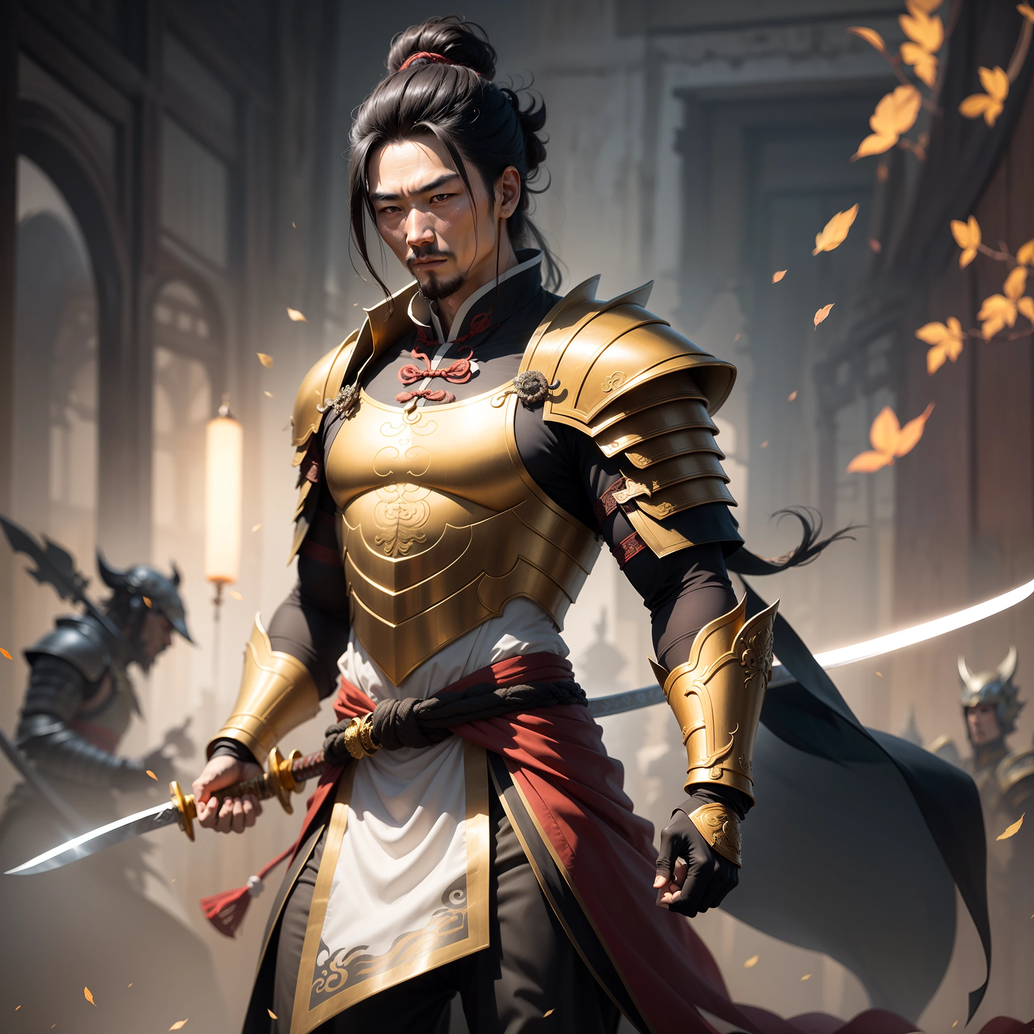 The ancient Chinese man wears gold armor and holds a shangfang sword, handsome