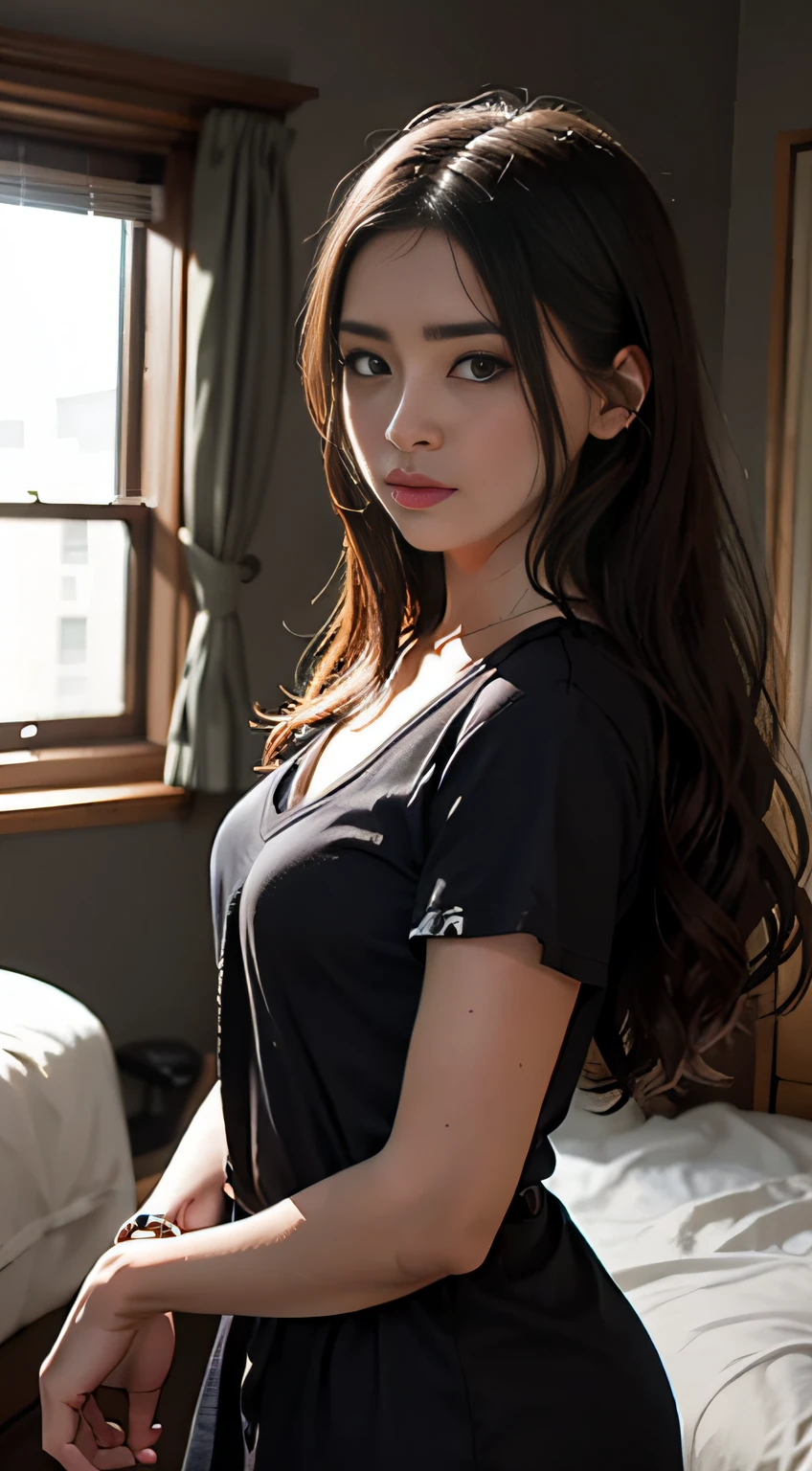 one woman,T-shirt,thong,crossed legs,large breasts,beautiful face,naughty expression,semi-long hair,from side,indoor,japanese