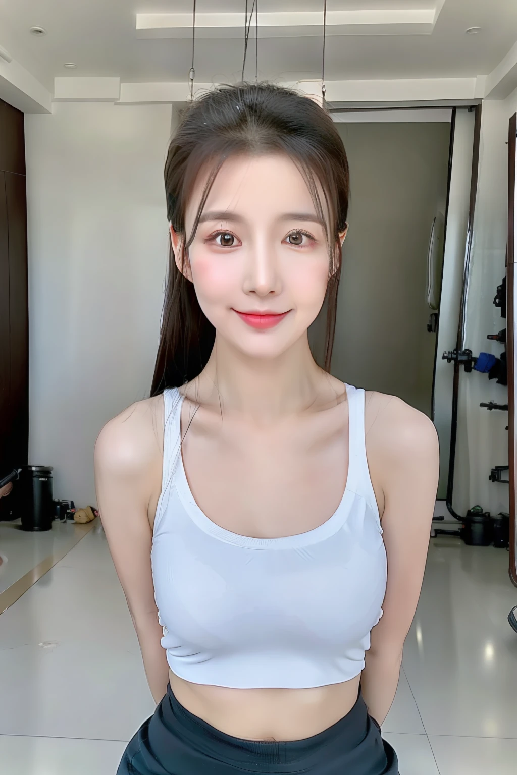 best qualtiy，tmasterpiece，超A high resolution，（真实感：1.5），Farewell：in a panoramic view，RAW photogr，1girll，She has bright and reverent eyes，The eyebrows are slender and elegant，The slightly curved brow shape exudes confidence and charm。face：Goose egg face，Five crowns：The nose is small and three-dimensional，Willow eyebrows，Danfeng Eyes，Cherry mouth，The whole perfectly matches the shape of her face。Her lips were rosy and plump，The slightly upturned corners of her mouth reveal that she often wears a sweet smile。Not only that，She also has bright and healthy hair，Thick hair is smooth，She is slender and well-proportioned，It has beautiful curves and moderate muscle lines。She has a slender waist，mediuml breasts。A high resolution：1.2），Hairstyles：High ponytail， Super fine face and eyes，Just finished your workout, I could vaguely see beads of sweat on my forehead, Hair looks moist，The upper body wears white sports bras，Wear black yoga shorts  , The private gym is equipped with exercise equipment，Oversized mirror on the wall，Stand sideways in front of the mirror，Self in the mirror，Show off your perfect figure，Cocked buttocks，Bring your own fitness experience, Anatomically normal