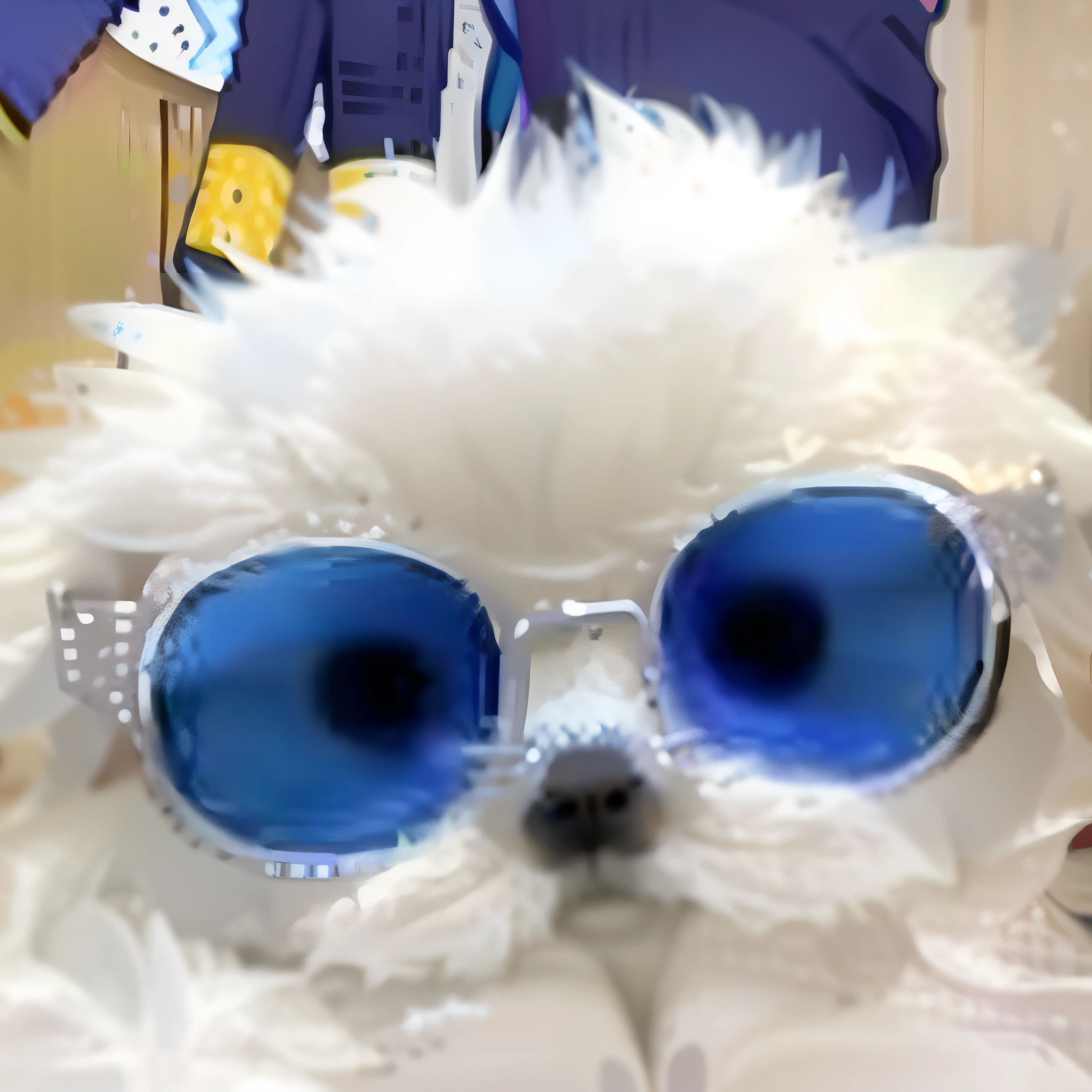 Alafis sitting on bed with blue glasses，It has a cool and stylish feeling，blue sunglasses，Lunette de soleil，Cool glasses，White glasses，blue rimmed glasses，dream animal cute eyes，Fashionab。