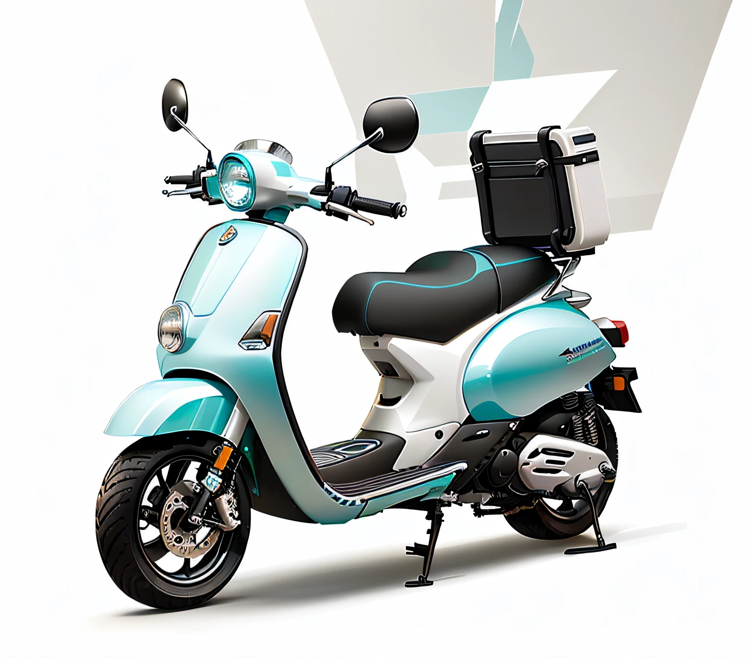 Close-up of scooter with white and cyan trim, Moped, White and silver metallic tones,Mecha style scooter，Exterior design: mechanical wind futuristic