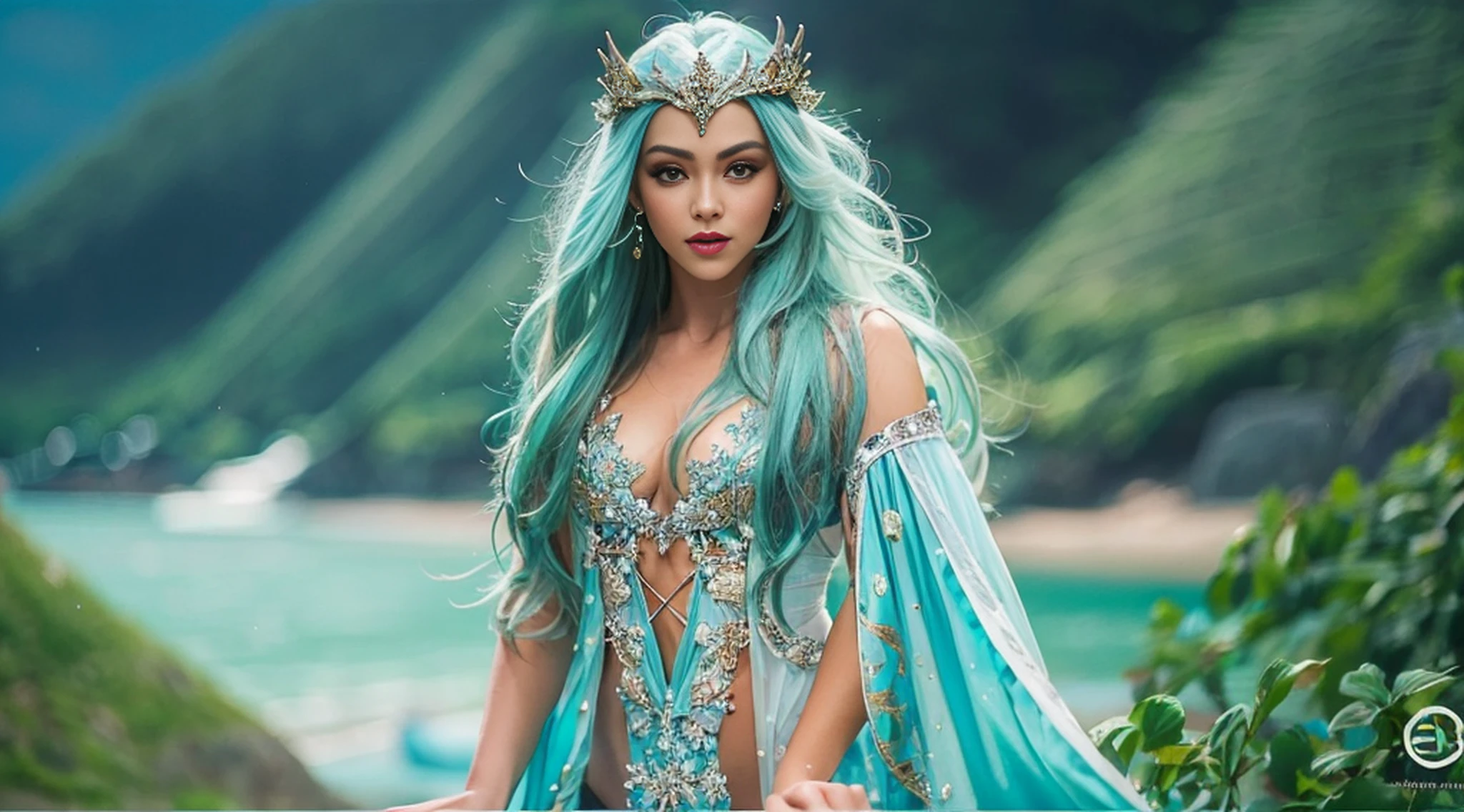 Apenas 1 mulher arafed em um vestido azul claro com uma cachoeira no fundo, corpo inteiro, muito bonito Top model do Rio de Janeiro, Handsome elven character with smile, Elven princess with long black hair, beautiful elven princess, Elven Queen Galadriel, cosplay realista, Imperatriz de cabelo preto longo, Rio de Janeiro, costume photo shoot, elfo feminino bonito e elegante