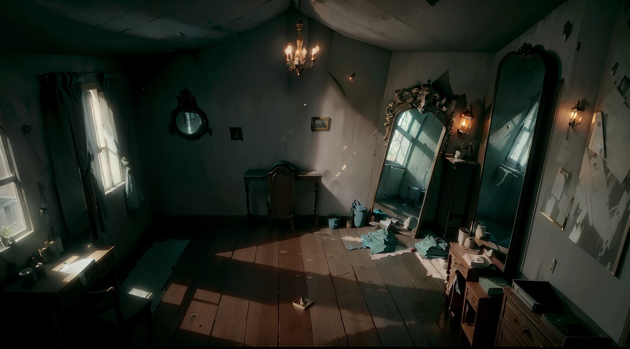 Attic with peculiar goals and a mirror in a corner, Realistic image
