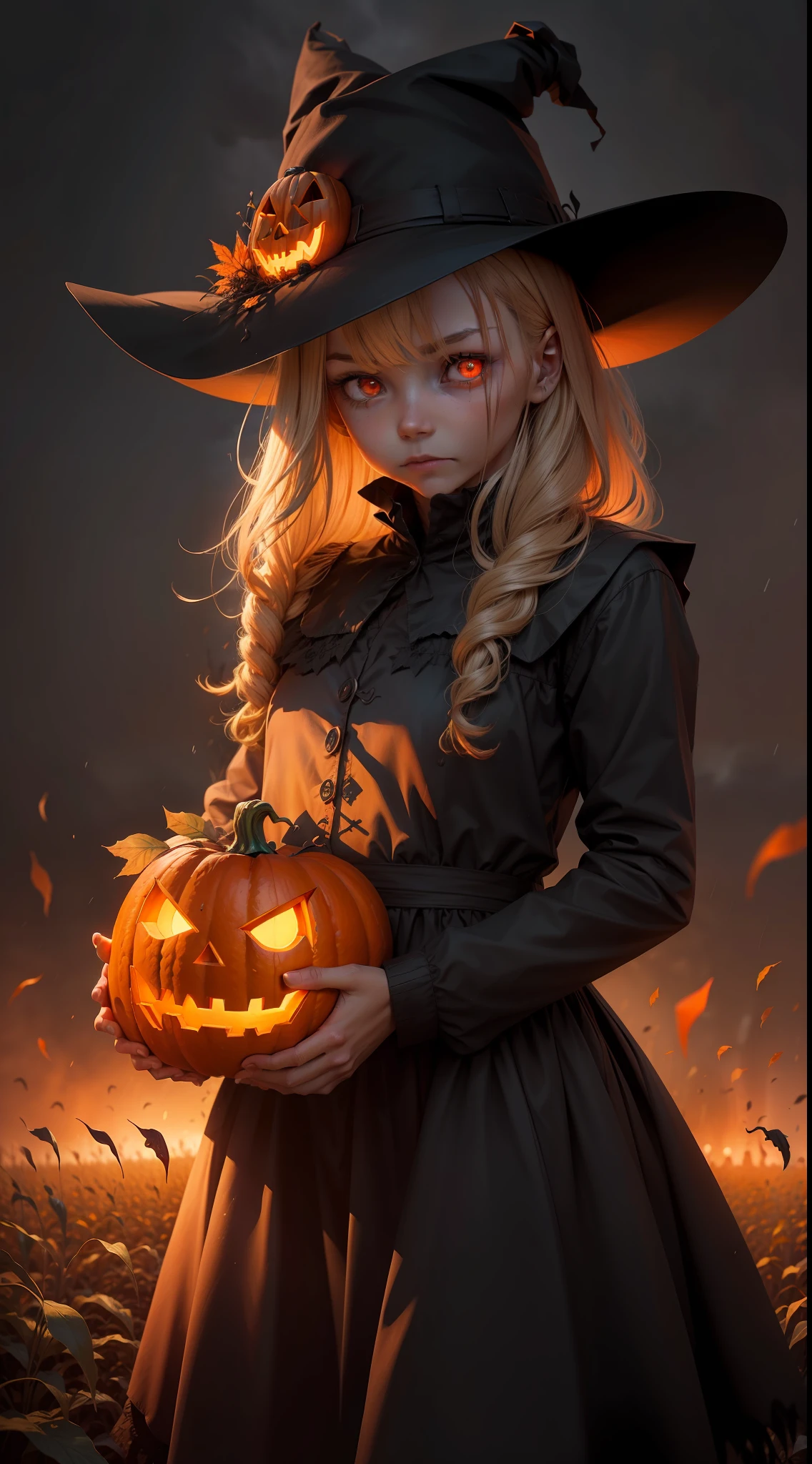 a scarecrow with a jack o'lantern head, night, fall weather, dark, creepy, cornfield, field on fire, rain, demonic, glowing red eyes