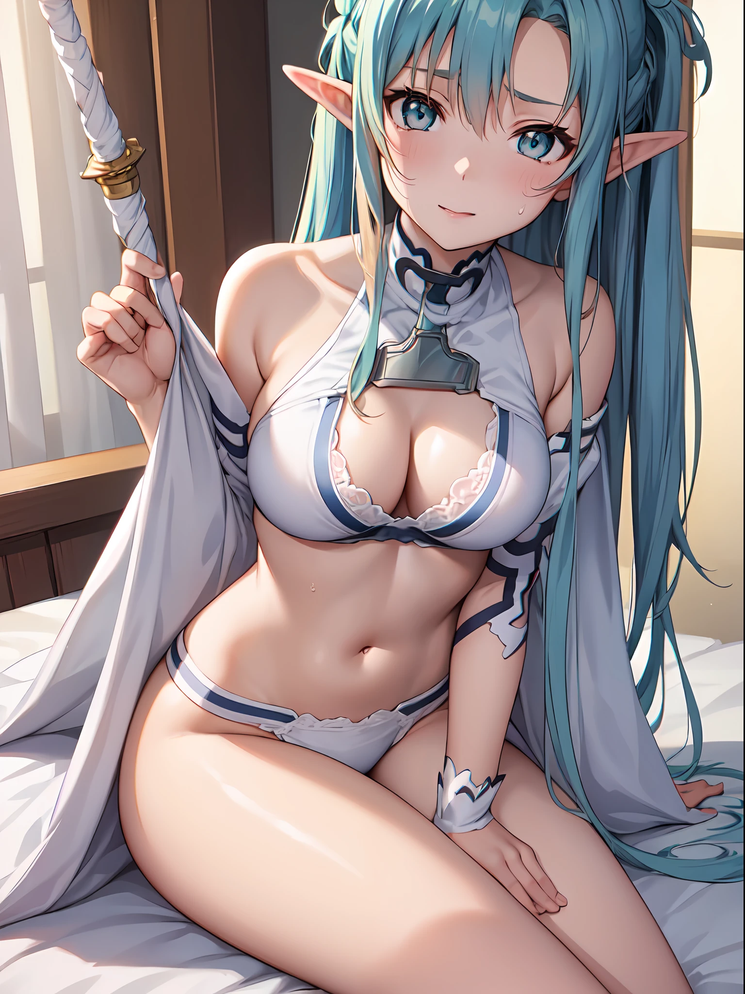 Official art、Highly detailed CG Unity 8K 、Perfect litthing、colourfull、Bright Front face Illuminating、(((Skindentation))),
(Master Pieces:1.0), (best_quality:1.0), Super Hi-Vision, 4 k, super detailing,Blue hair、elf-ears,
Photo Shot、(((8K)))、nffsw、hight resolution、absurderes: 1.2、Kodak Portra 400、film grains、Background blur、bokeh dof: 1.2、(lensflare:1.2)、(vivd colour:1.2),Be careful、(a closeup)、
during daytime、Sunsight、Bright sky、jewely、鎖骨、耳Nipple Ring、Face up、long、(Sword Art Online)、((Asuna))、((Asuna Yuki))、（White underwear）、Beautiful breasts、perspiring、length hair、hugetits、(((Solo))),
((a 1 girl))、18year old、High school students、Beautiful Finger、beautiful long leg、Beautiful body、Beautiful nose、Beautiful character design、Perfect eyes、face perfect、a navel、Beautiful hair,Sweat,Animated,cleavage,bikini of, Bra, Panties, ((Wet clothes, cleavage cutout, Bare legs, Exquisite cloth,beautifully detailed eyes)), Opening legs、((Portrait)),
(lovly、Large breasts:1.4)、(Beautiful face:1.5)、(narrowwaist)、delicate patterns、intricate detailes、an anime girl、A seductive anime girl、beautiful alluring anime woman、Beautiful charming anime teen、Smooth Anime CG Art、Beautiful anime girl、charming anime girls、The best girls in anime、beautiful anime woman、oppai、Ecchi anime style、lascivious,Exquisite cloth,white brassiere、Highly detailed bra、Small bra、Ren Hao、Lace-trimmed legwear、delicate patterns、intricate detailes、red blush、shinny skin、oestrus、Black stockings、Anime– (Style image of woman in white bikini sleeping on bed)、A seductive anime girl、Small curved loli、Smooth Anime CG Art、beautiful alluring anime teen、photorealistic anime girl render、beautiful alluring anime woman、animesque,Soft lighting、Beautiful anime girl、charming anime girls、Perfect body with realistic shading、photorealistic anime