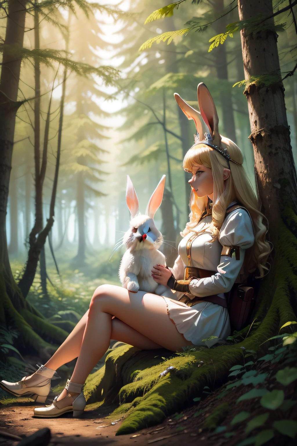 explorer bunny with a blond princess in a forest