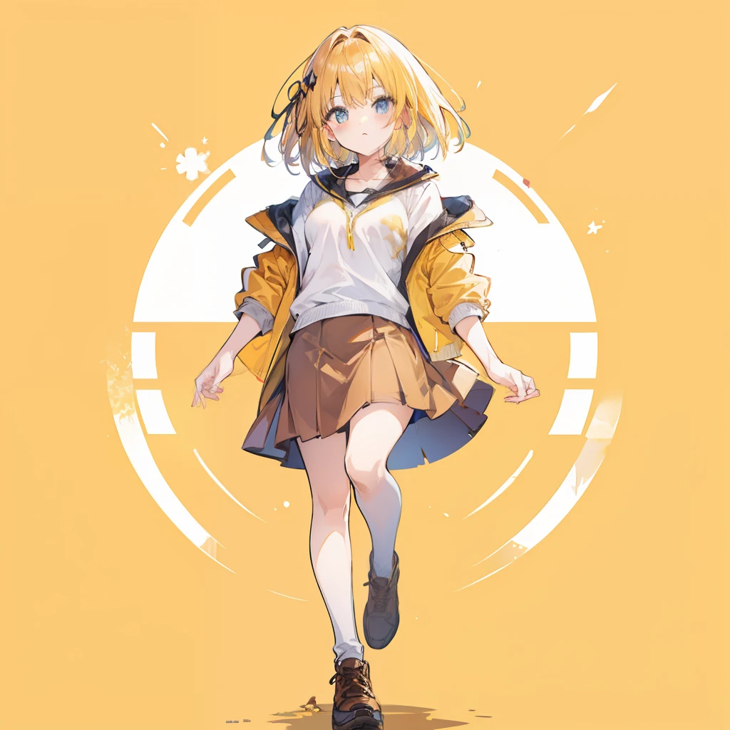 Anime full-body portrait in yellow jacket and brown skirt,Sunny weather background