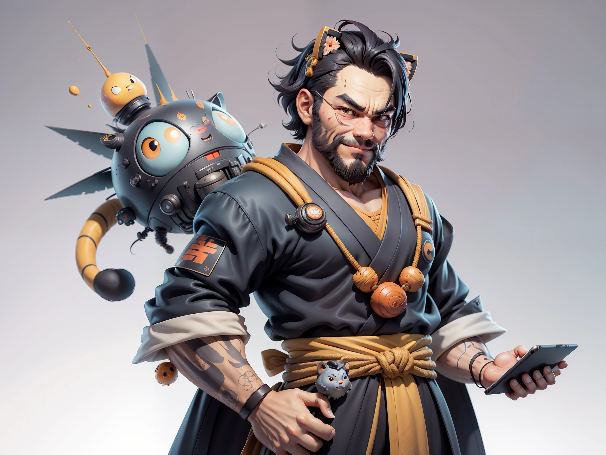 (Daisaku),(Need),(Super meticulous),(full bodyesbian:1.2),Super young man with Japanese geisha，Beautiful，orient，one tiger，Aeolian Thor，Raised sexy，爆乳，Oriental face，TV Anchor，Bust portrait illustration，In black suit，a blue tie，The face is slightly chubby，The face was clean，without a beard，Black super short hair，Black eyes，Smile confidently，3C computer sub-products，iPad， iphone，Digital painting，3D character design by Mark Clairen and Pixar and Hayao Miyazaki and Akira Toriyama，The illustration is a high-definition illustration in 4K resolution，With very detailed facial features and cartoon-style visuals。