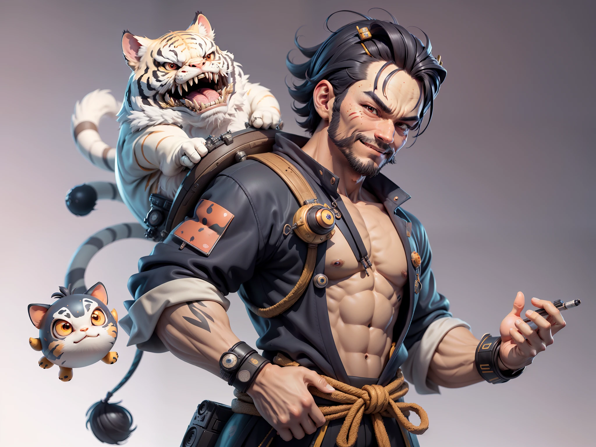 (Daisaku),(Need),(Super meticulous),(full bodyesbian:1.2),Super young man with Japanese geisha，Beautiful，orient，one tiger，Aeolian Thor，Raised sexy，爆乳，Oriental face，TV Anchor，Bust portrait illustration，In black suit，a blue tie，The face is slightly chubby，The face was clean，without a beard，Black super short hair，Black eyes，Smile confidently，3C computer sub-products，iPad， iphone，Digital painting，3D character design by Mark Clairen and Pixar and Hayao Miyazaki and Akira Toriyama，The illustration is a high-definition illustration in 4K resolution，With very detailed facial features and cartoon-style visuals。