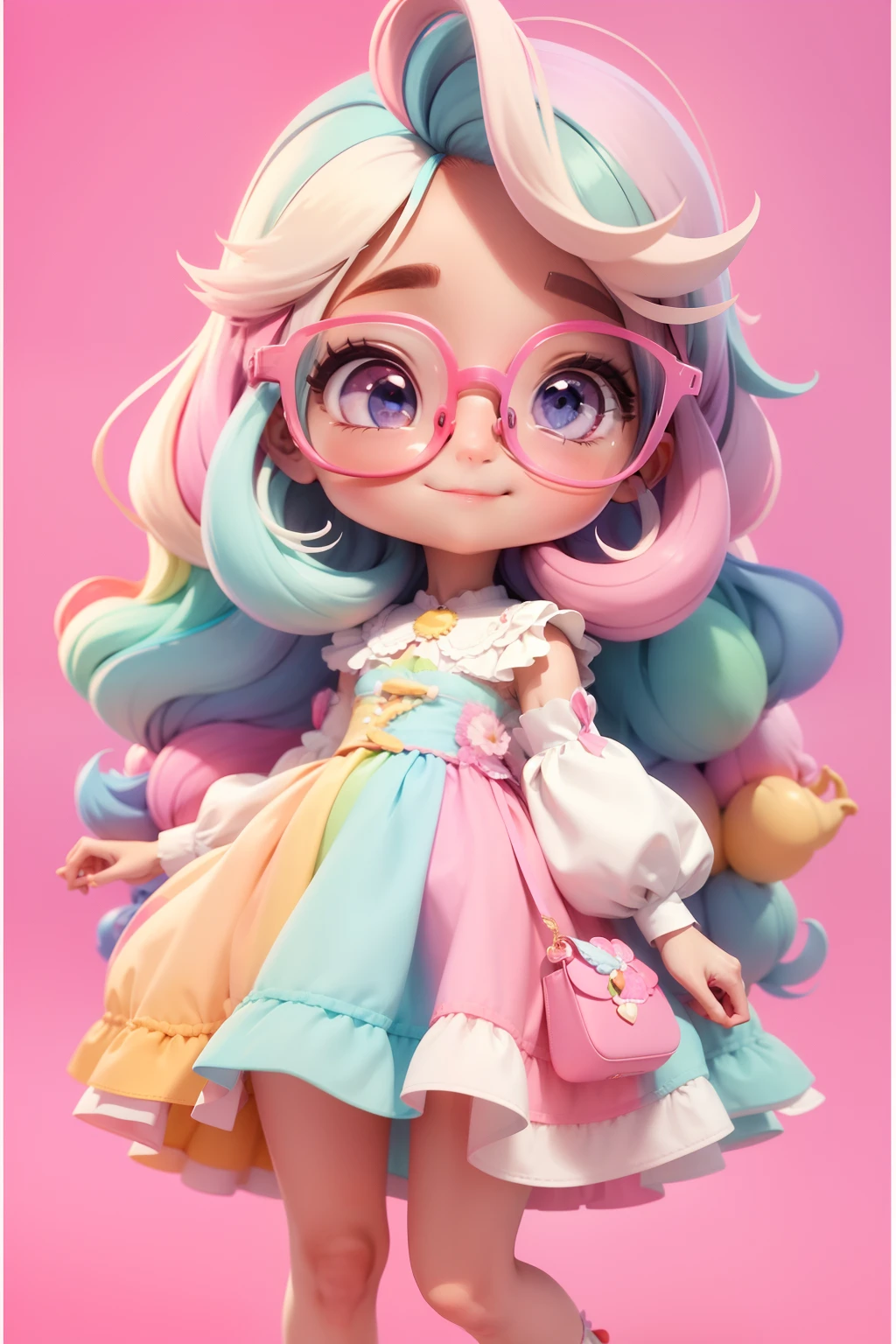 loli multicolor, fofa, romantic nerd style, delicate and elegant eyeglasses, roupas delicadas e grandes, tons pastel multicolor, sorriso meigo e delicado, corpo inteiro, olhos delicados e cabelos multicolor, fundo simples e branco