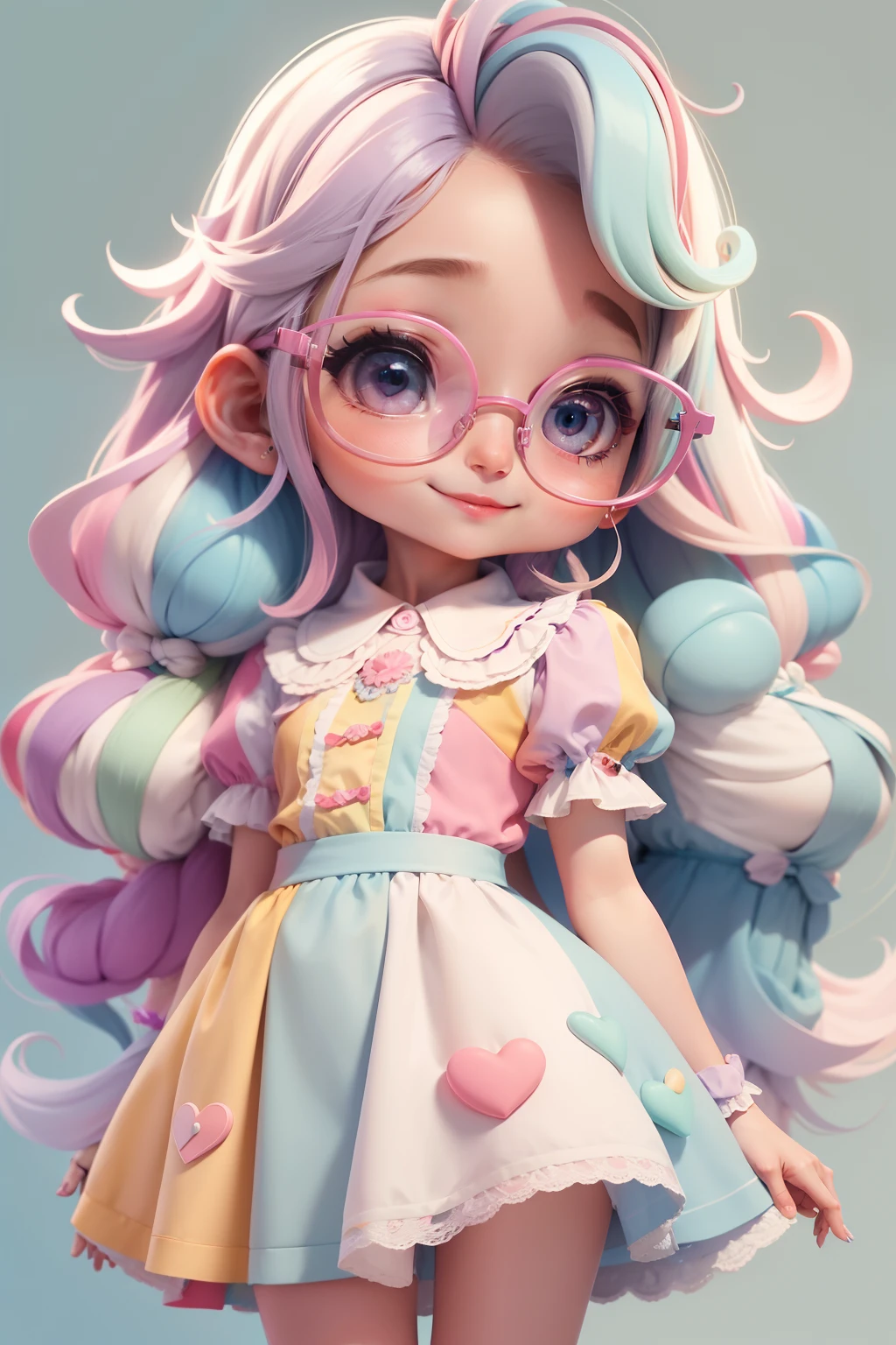 loli multicolor, fofa, romantic nerd style, delicate and elegant eyeglasses, roupas delicadas e grandes, tons pastel multicolor, sorriso meigo e delicado,  corpo inteiro, olhos delicados e  cabelos multicolor, fundo simples e branco