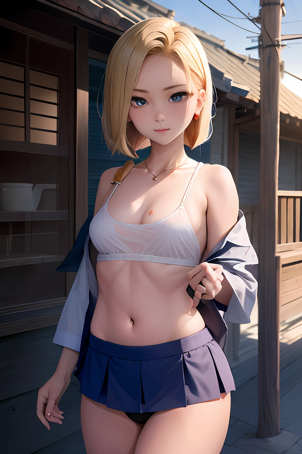 rialistic photo、top-quality, a sailor suit、Ultra mini skirt、beautiful thigh、Beautiful belly button、Beautiful facial features、Beautiful camel toe、Hi-Res, and18, 1girl in, Android 18, 独奏, blonde hair, blue eyess, shorth hair, 耳Nipple Ring, jewely, Medium chest, cowboy shot, Street, (校服:1.2), off shoulders, Sunset,