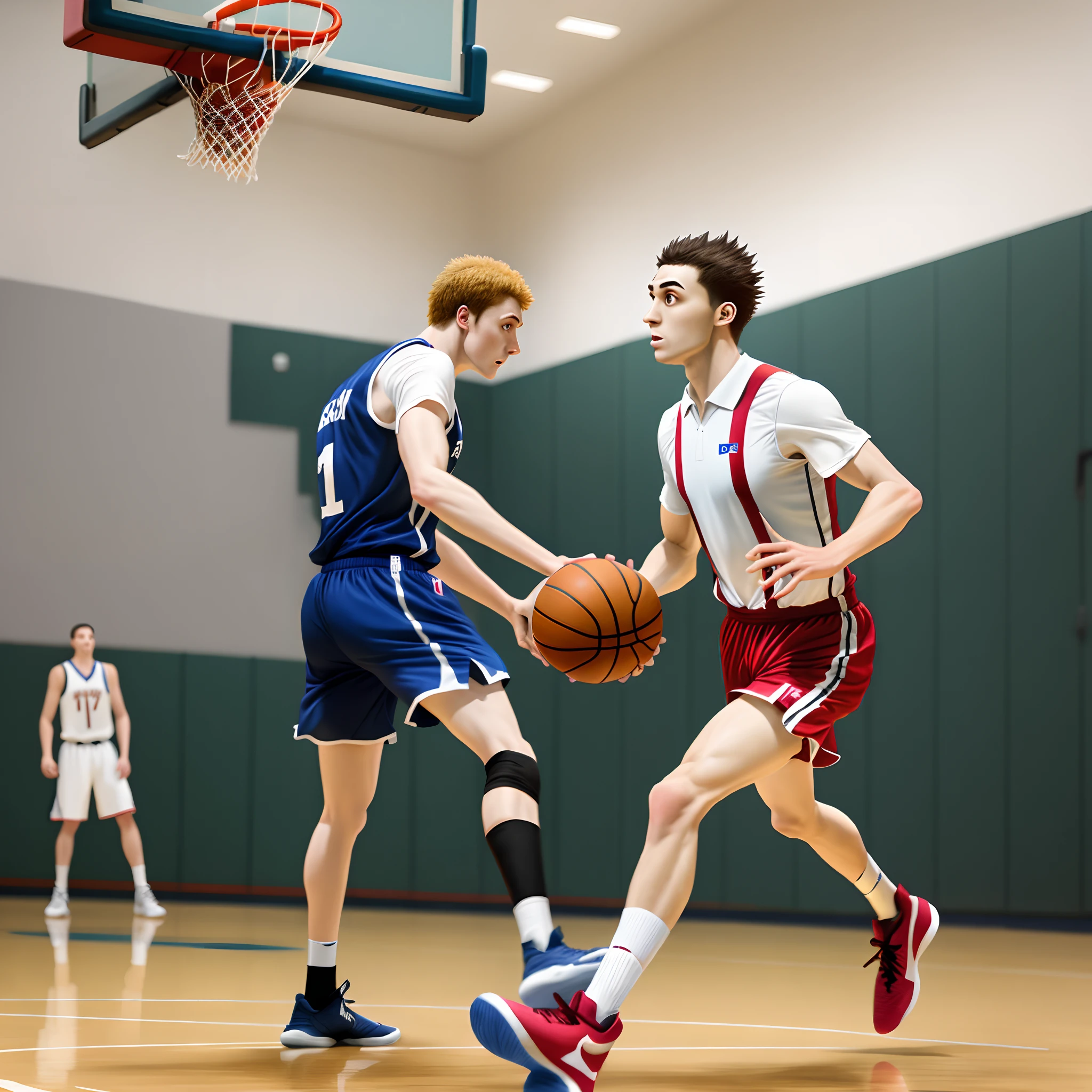 Chicken playing basketball in suspenders