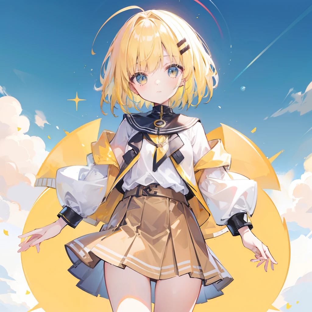 Cute little girl with short yellow hair in yellow jacket and brown skirt,Sunny weather background