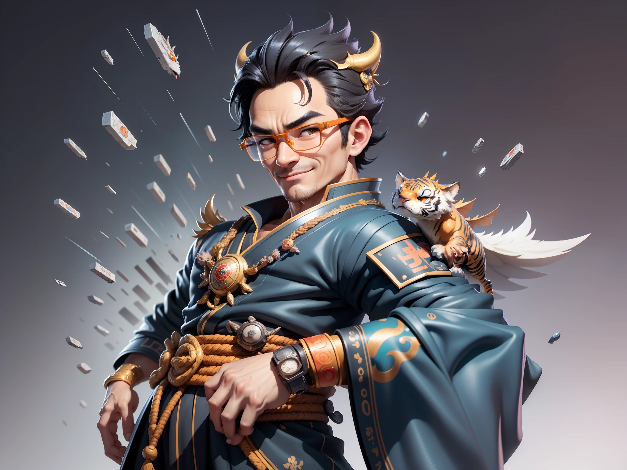 (Masterpiece), (Excellent), (Super Meticulous), (Full Body: 1.2), Super Young Man with Japanese Female Geisha, Pretty, Beautiful, Chinese Dragon, Tiger, Wind God Thor, Sexy, Bursting, Oriental Face, TV Anchor, Bust Portrait Illustration, Black Suit, Blue Tie, Slightly Chubby Face, Silver Glasses, Very Clean Face, No Beard on Chin, Black Super Short Hair, Black Eyes, Confident Smile, 3c Computer Sub-Products, iPad, iPhone, Digital Painting, 3D character design by Mark Clairedon and Pixar and Hayao Miyazaki and Akira Toriyama, the illustrations are HD illustrations in 4K resolution with highly detailed facial features and cartoon-style visuals.