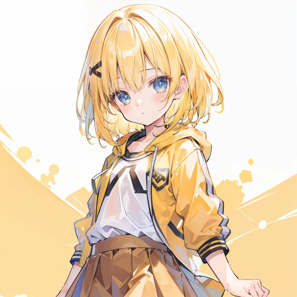 Cute girl with short yellow hair in yellow jacket and brown skirt,Sunny weather background