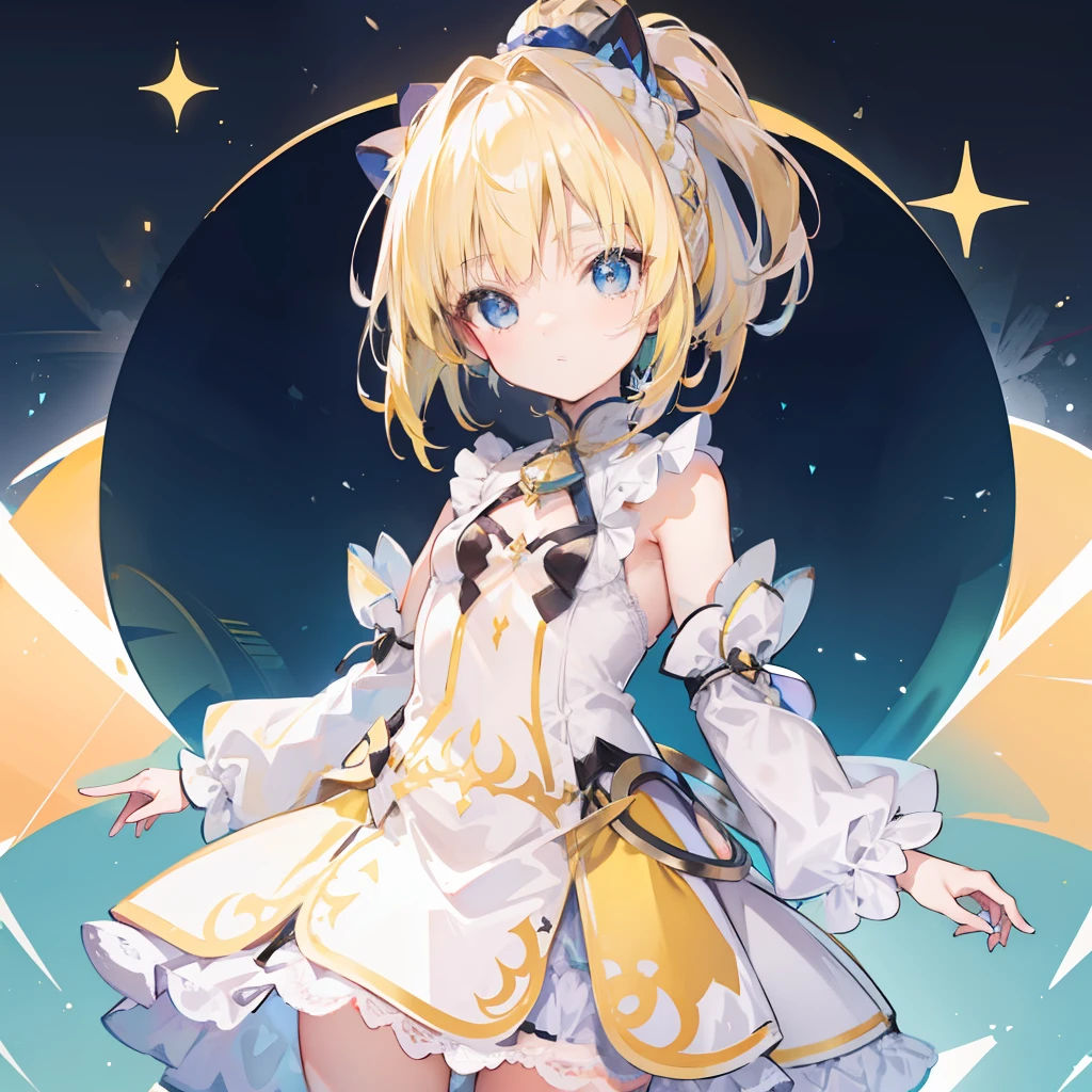 Light element background,Cute girl with yellow hair short ponytail in blonde puffy dress
