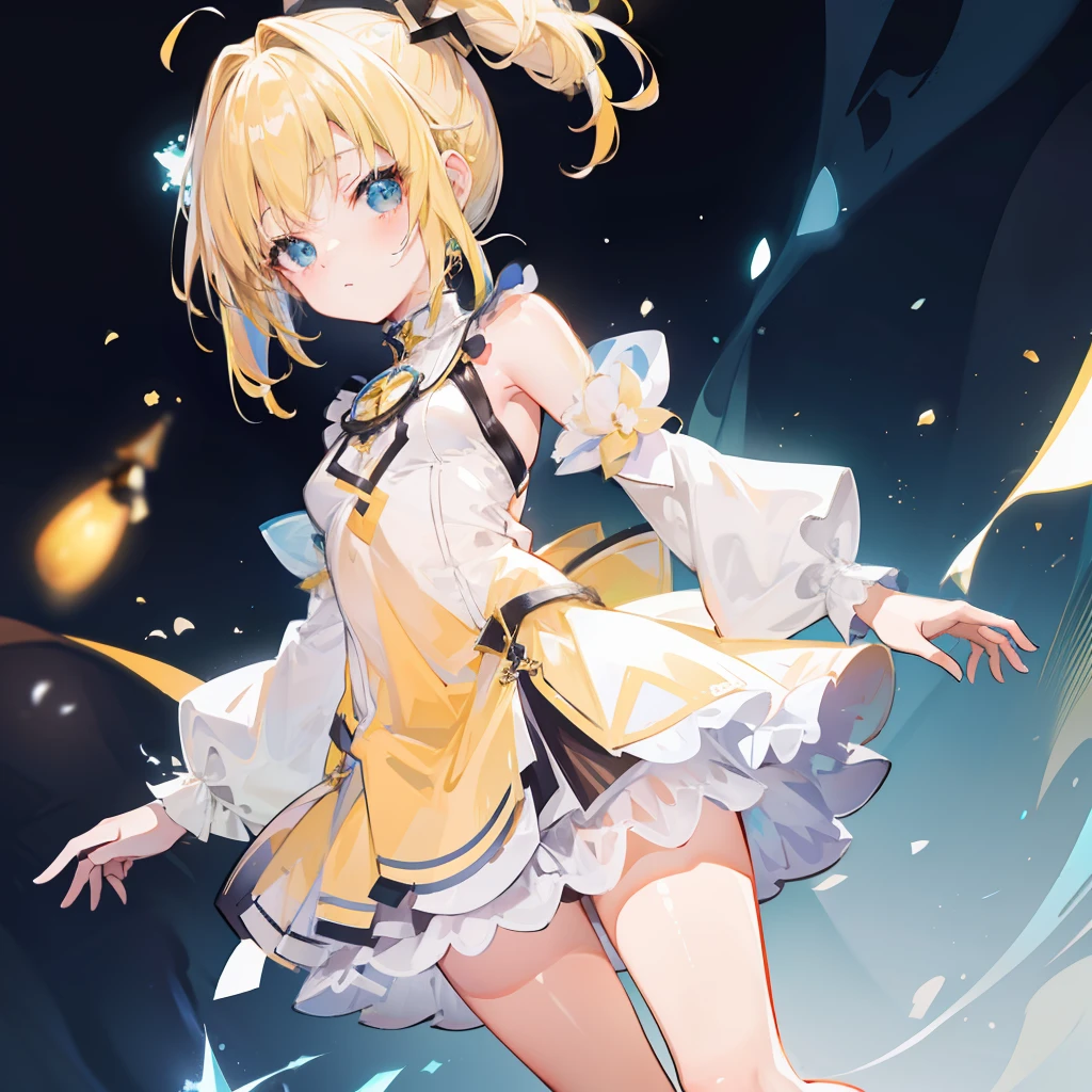 Light element background，Cute little girl with yellow hair short ponytail in blonde puffy dress