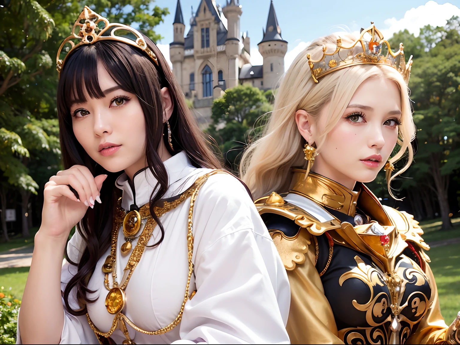 (masutepiece), Professional , masterpiece、top-quality、photos realistic , depth of fields (Gemstone Silver Metal Body:1.9),(Matte White、Jewel Gold Weapon、(Gorgeous castle background)、(ultimate beauty girl)、(Jewel Metal Body:1.4),Gorgeous Jewel Metal Weapons , Detailed Sword of the Brave ,( Soldier background in metal armor) ,warhammer 40k , adepta sororitas,Detail and ornate jewel crown、独奏、Brown hair、(Gangle's forest background)、Beautiful Caucasian beauty、1a person、dynamic ungle,(((Diamond tiara with detail and luxury)))、a small face、A smile、Powerful poses、(Gorgeous castle background)、huge filesize、20 year old beautiful woman、Stand in the center of the screen、Thin female fingers、Straight long hair、Beautiful Caucasian beauty、