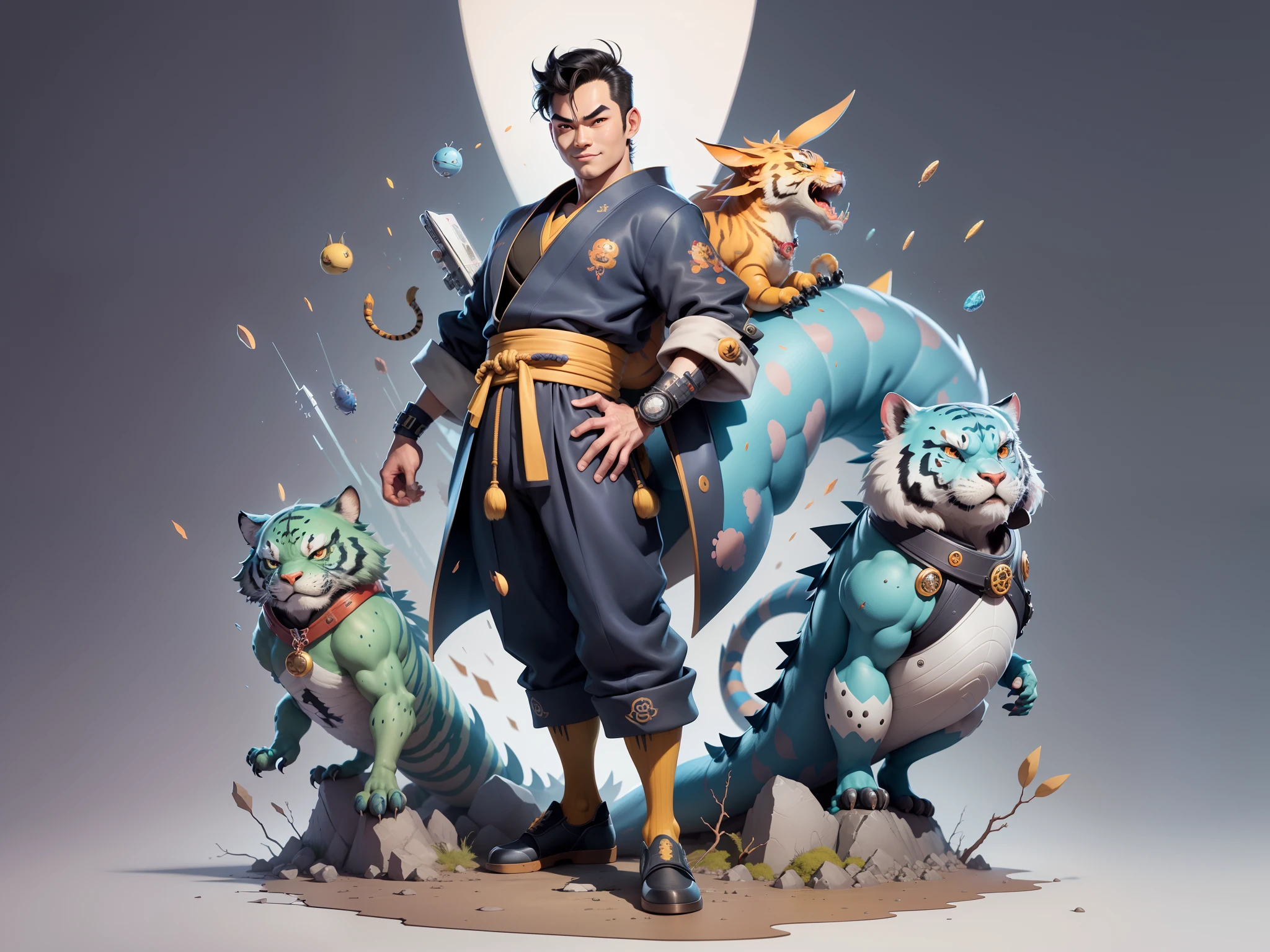 (Masterpiece), (Excellent), (Super Meticulous), (Full Body: 1.2), Super Young Man, Oriental Face, Japanese Kimono, Japanese Wind Thunder God, Dragon, Tiger, TV Anchor, Bust Portrait Illustration, Alone, Black Suit, Blue Tie, Slightly Chubby Face, Very Clean Face, No Beard, Black Super Short Hair, Black Eyes, Confident Smile, 3c Computer Sub-Products, iPad, iPhone, Digital Painting, 3D Character Design by Akira Toriyama and Mark Claireden and Pixar and Hayao Miyazaki, The illustration is a high-definition illustration in 4K resolution with very detailed facial features and cartoon-style visuals.